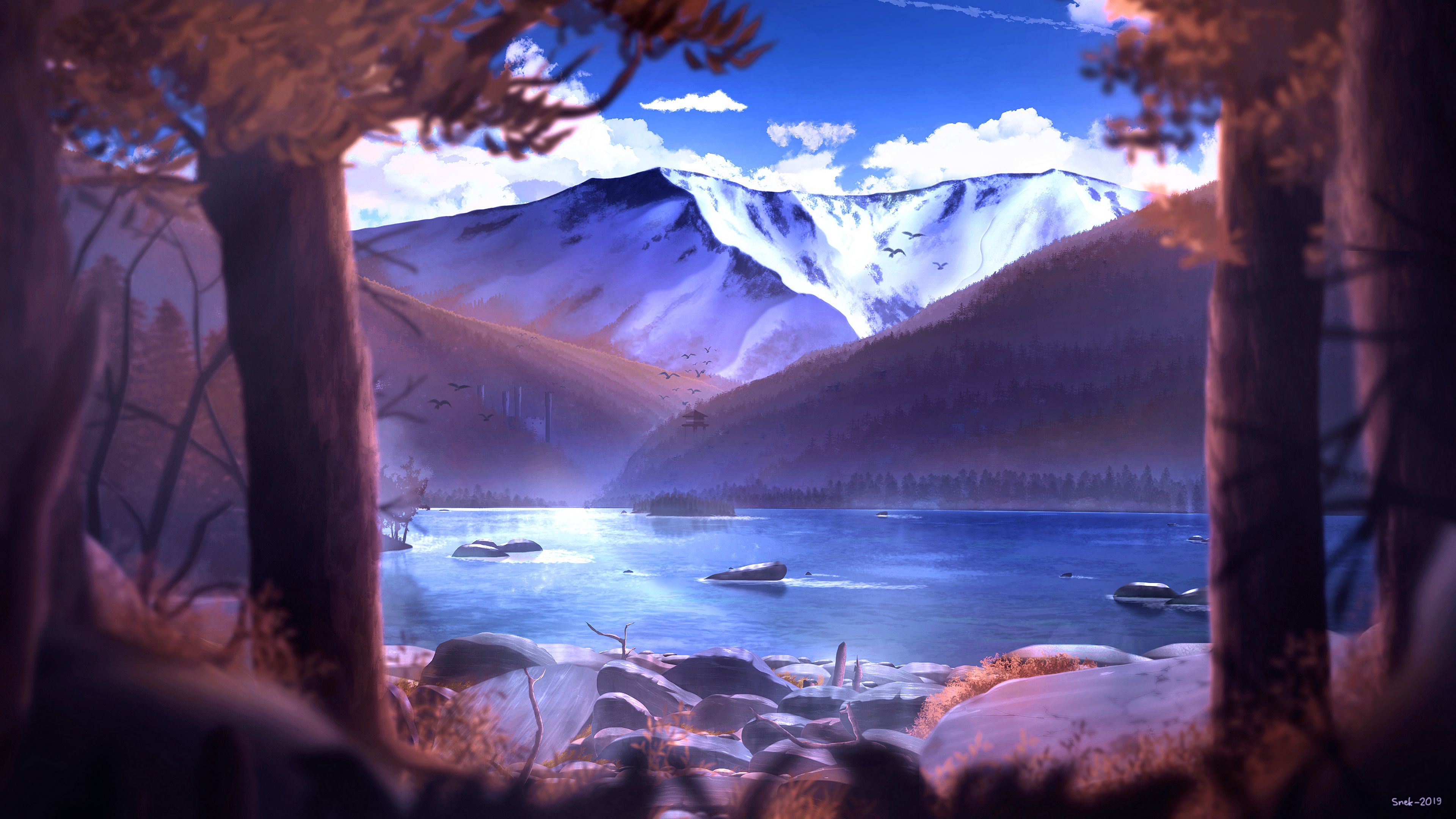 mountains, branches, stones, landscape, art, 4k, HD Wallpaper