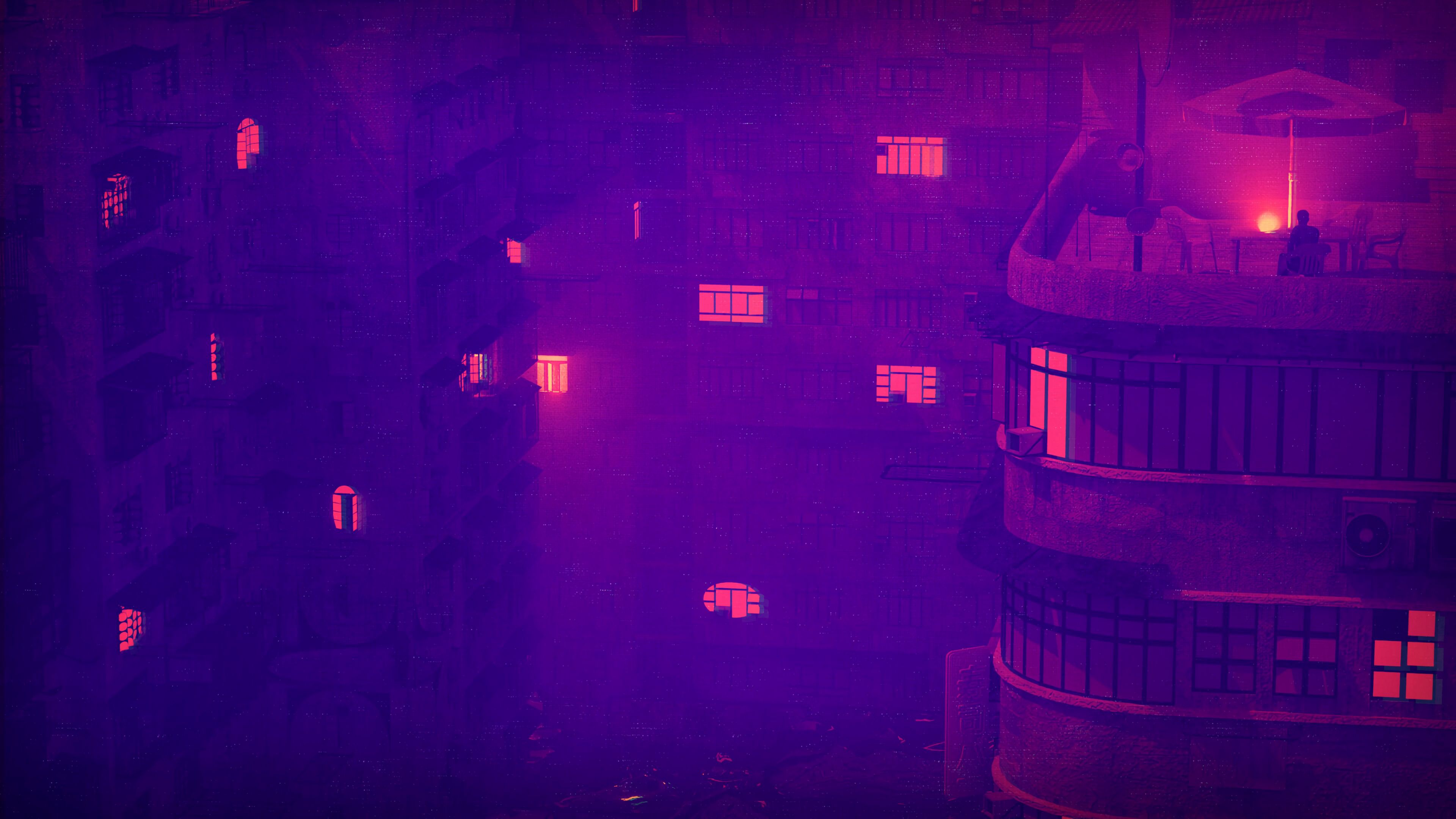 building, roof, terrace, light, night, purple, 4k, HD Wallpaper