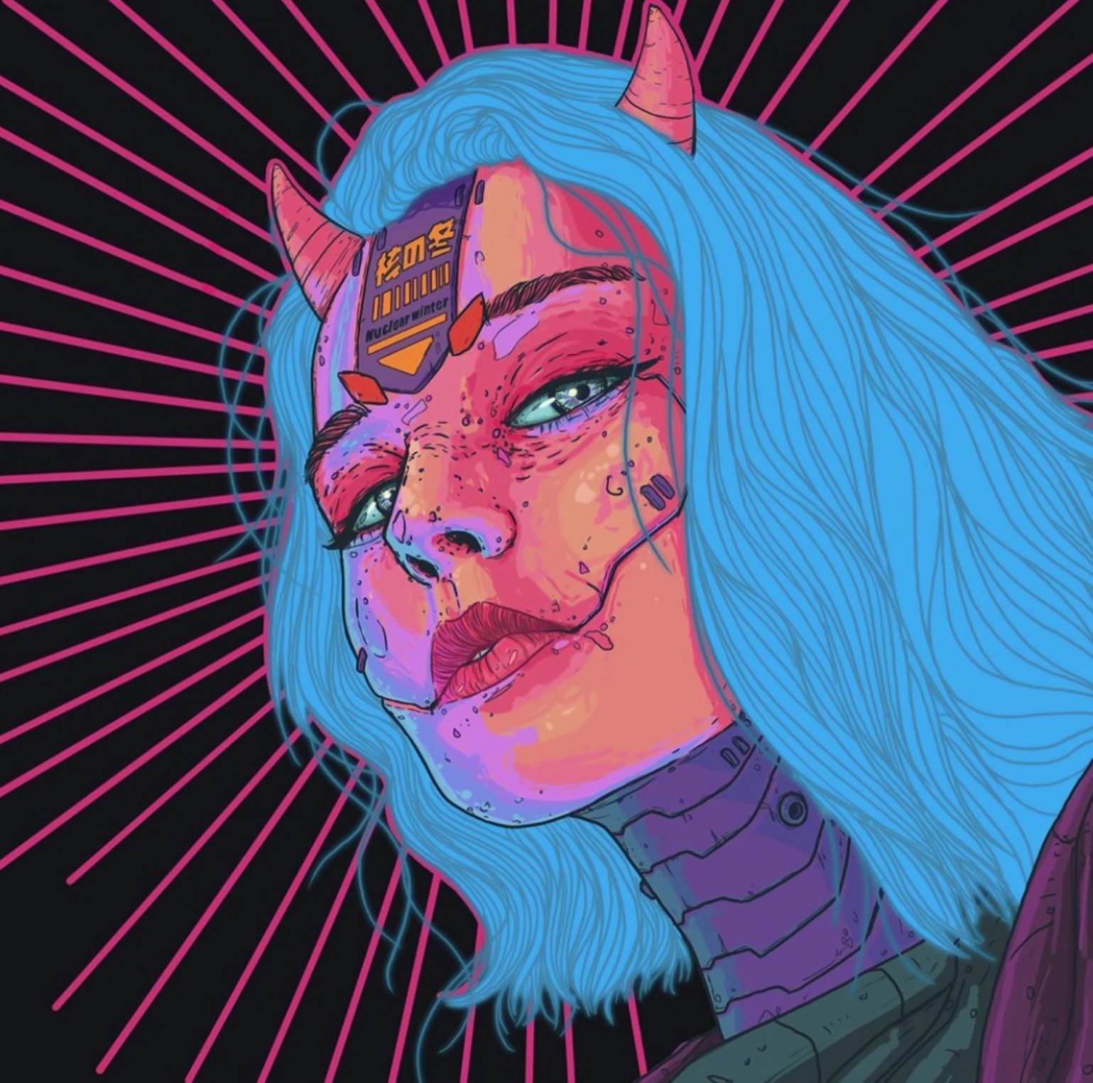colorful, women, cyberpunk, blue hair, horns, looking at viewer, digital art, HD Wallpaper