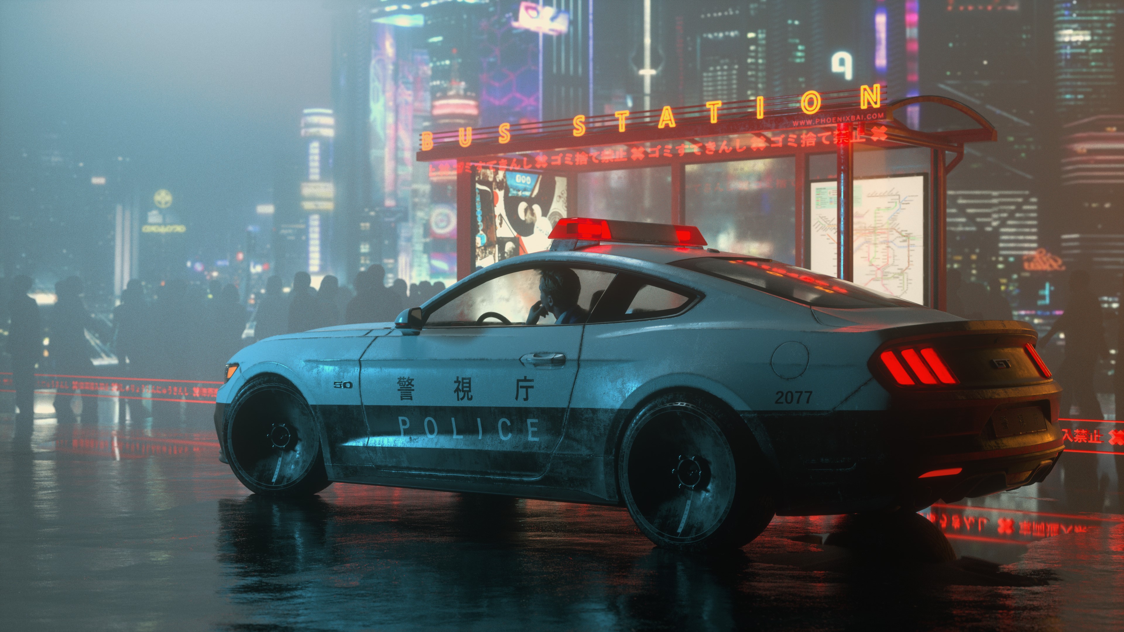 Mustang (Car), Mustang Shelby GT, cyberpunk, Phoenix Bai, police cars, HD Wallpaper
