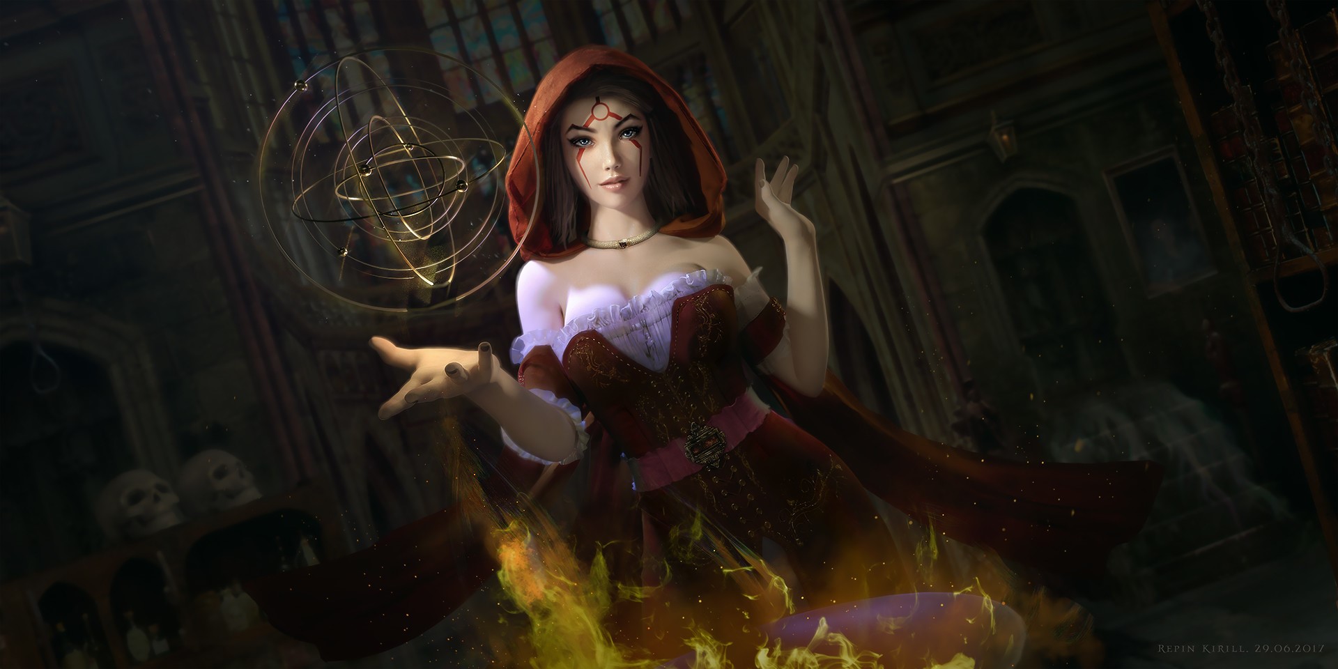 Kirill Repin, drawing, women, hoods, face paint, tattoo, makeup, eyeliner, witch, looking at viewer, choker, dress, floating, globe, fire, spell, skull, dark, HD Wallpaper