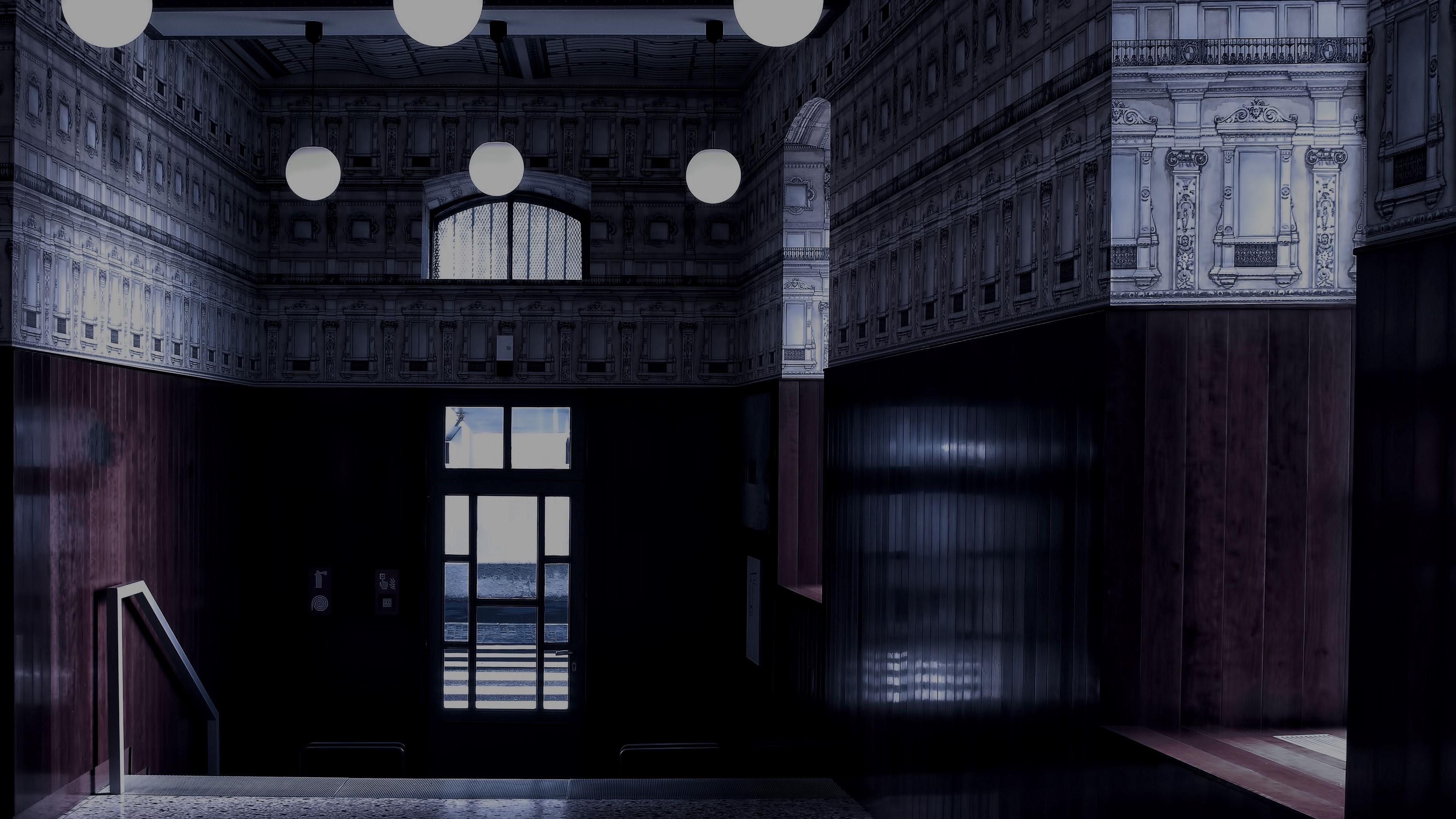 interior, corridor, design, ceiling, lamps, window, 4k, HD Wallpaper