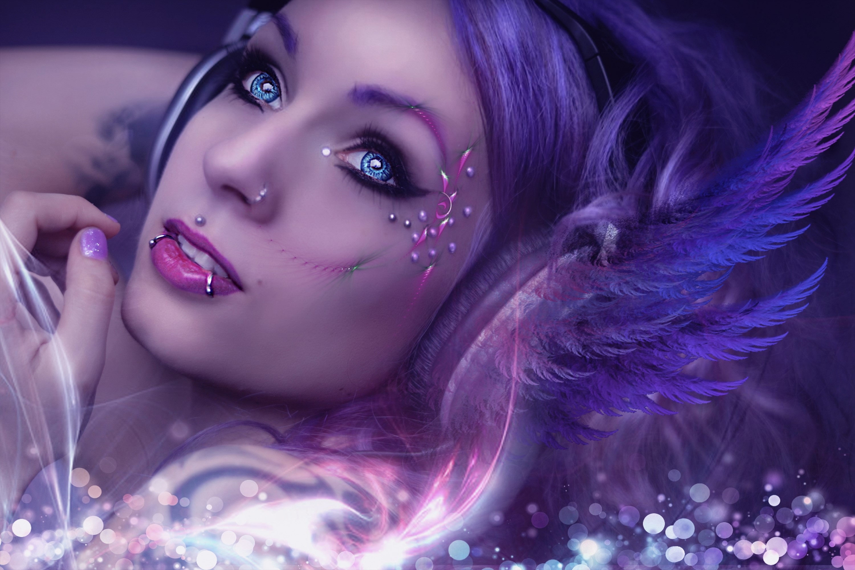 women, purple background, fractal, model, blue eyes, Photoshop, photo manipulation, HD Wallpaper