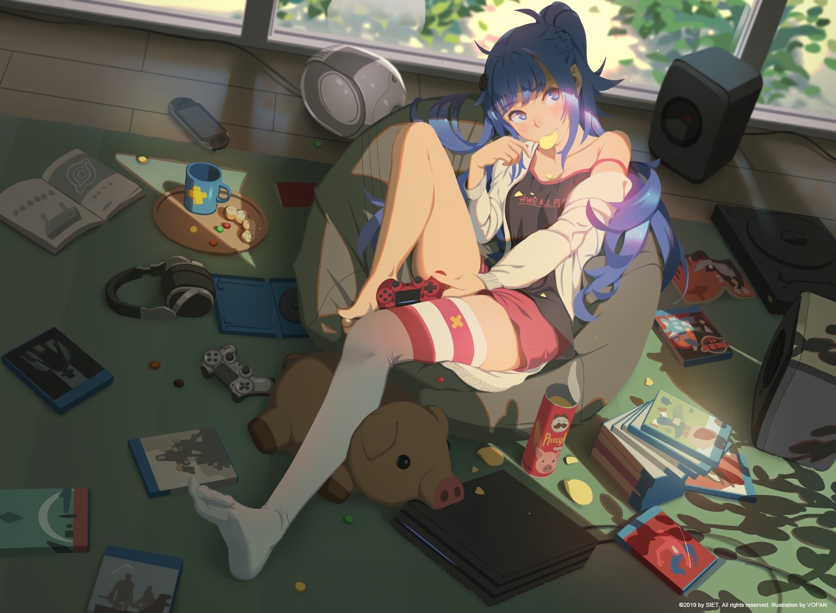 anime girls, long hair, blue hair, gamepad, indoors, anime, HD Wallpaper