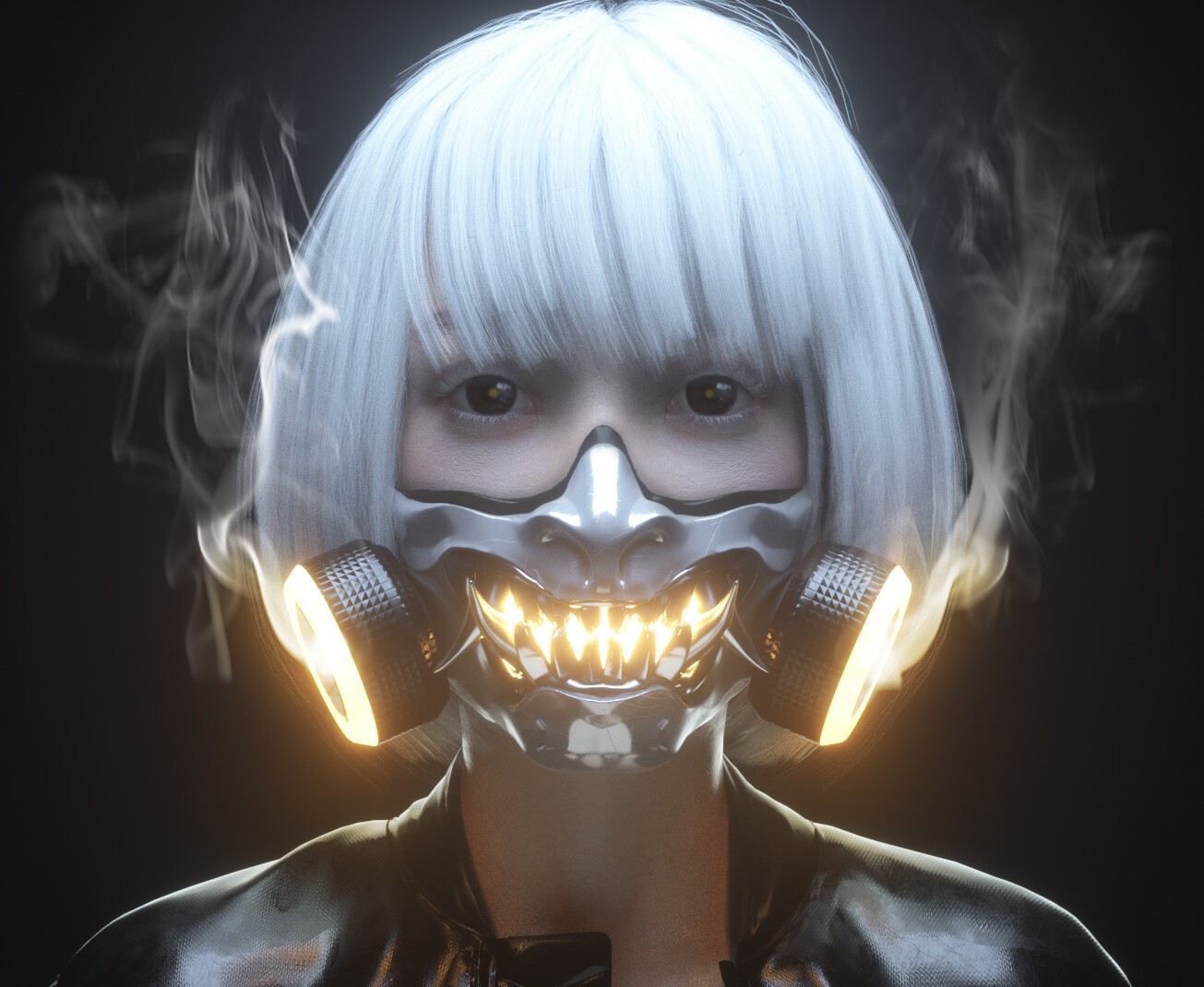 cyberpunk, mask, face, digital art, artwork, dark eyes, portrait, smoke, glowing, fangs, HD Wallpaper