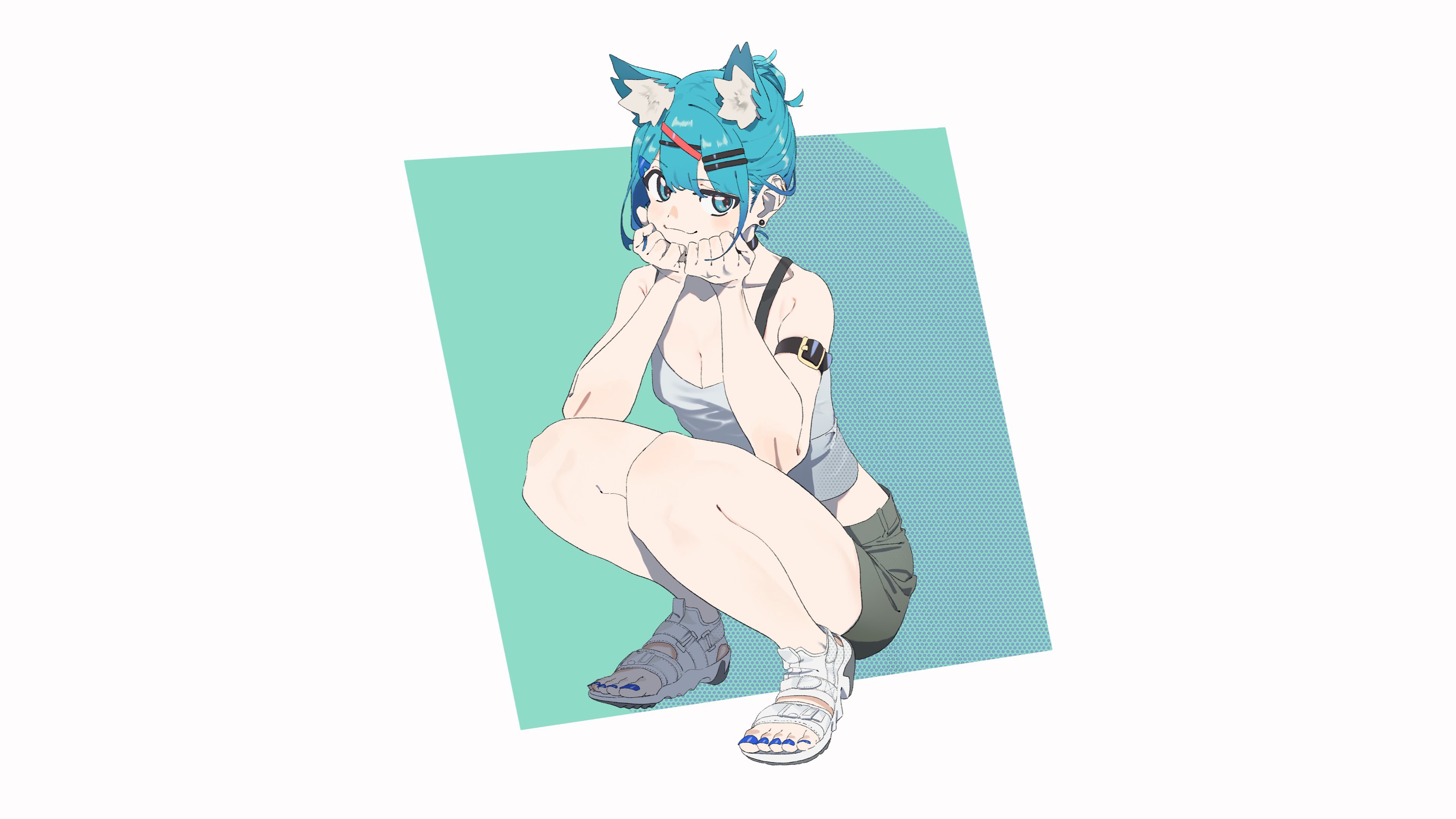 anime, anime girls, nekomimi, green hair, simple background, white background, original characters, cyan hair, cyan, HD Wallpaper