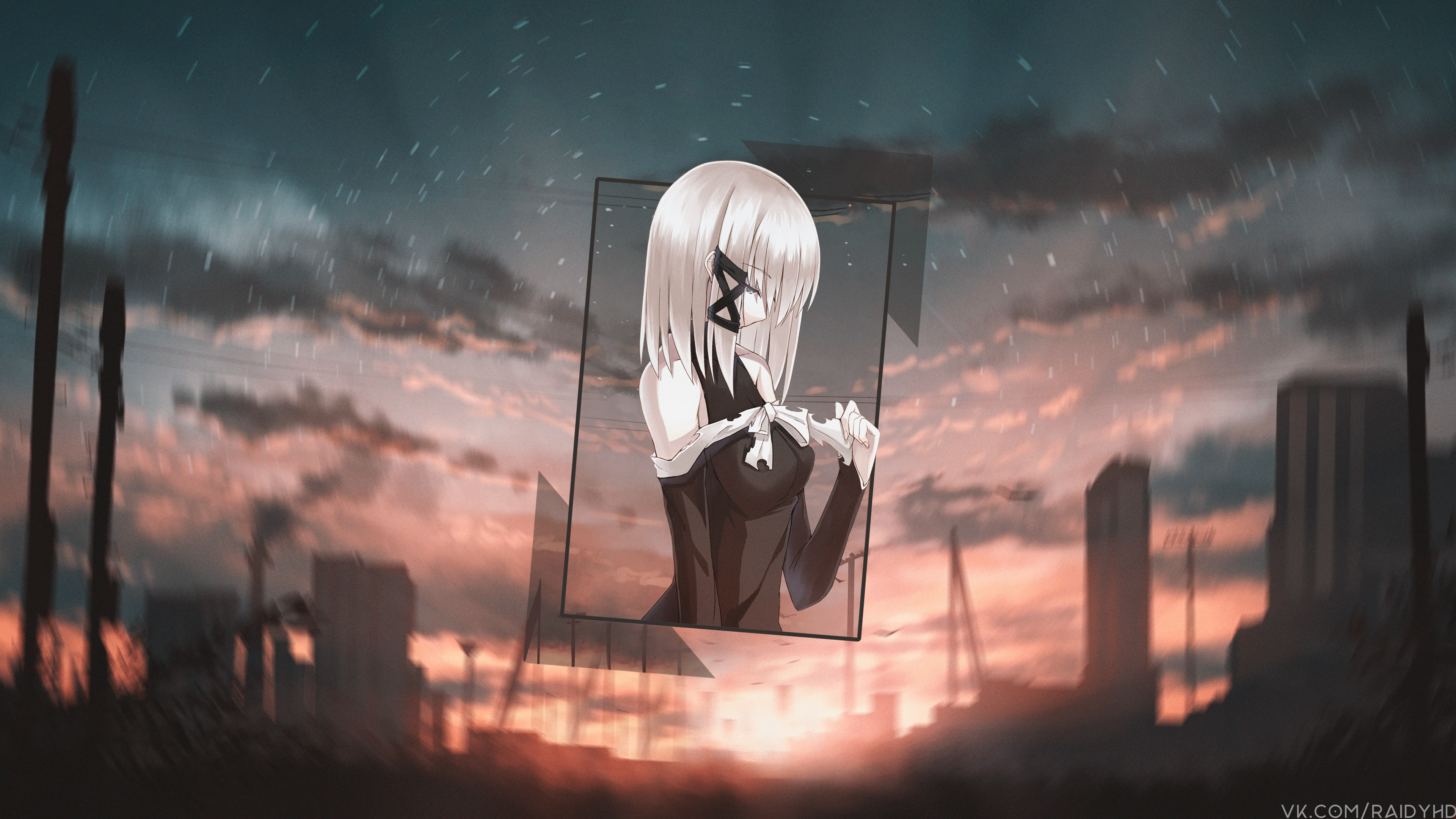 anime, anime girls, sunset, picture-in-picture, HD Wallpaper