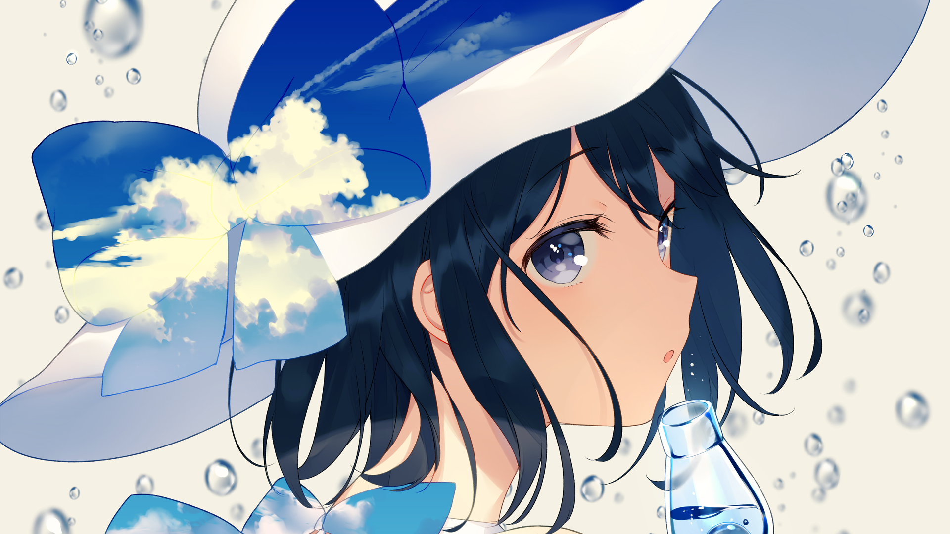 anime, anime girls, hat, face, blue eyes, blue, white, HD Wallpaper