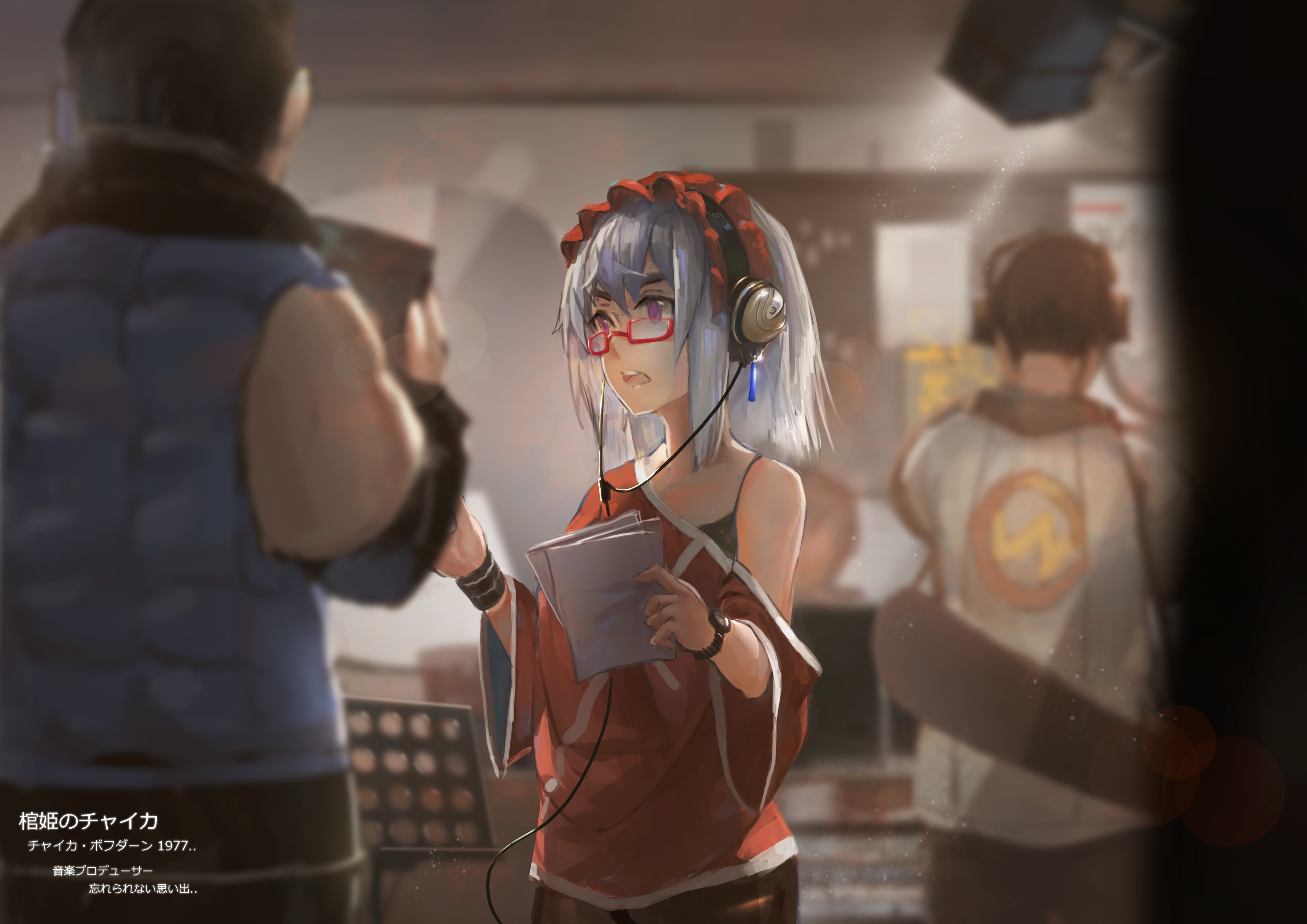 Hitsugi no Chaika, 2D, small boobs, anime girls, short hair, women with glasses, headphones, bare shoulders, open mouth, silver hair, Chaika Bogdan, violet eyes, curvy, music sheet, fan art, kanji, Studio, HD Wallpaper