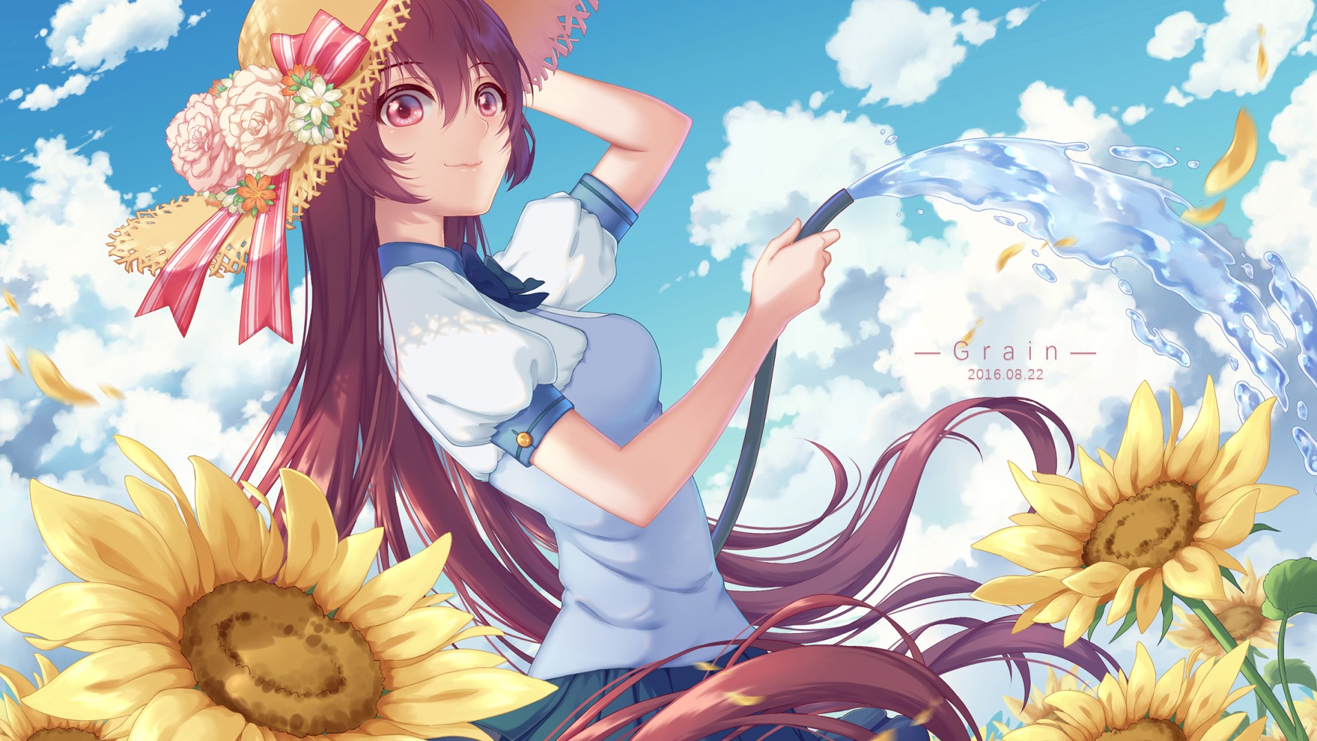 anime, anime girls, colorful, flowers, sunflowers, hat, long hair, plants, 2016 (Year), HD Wallpaper