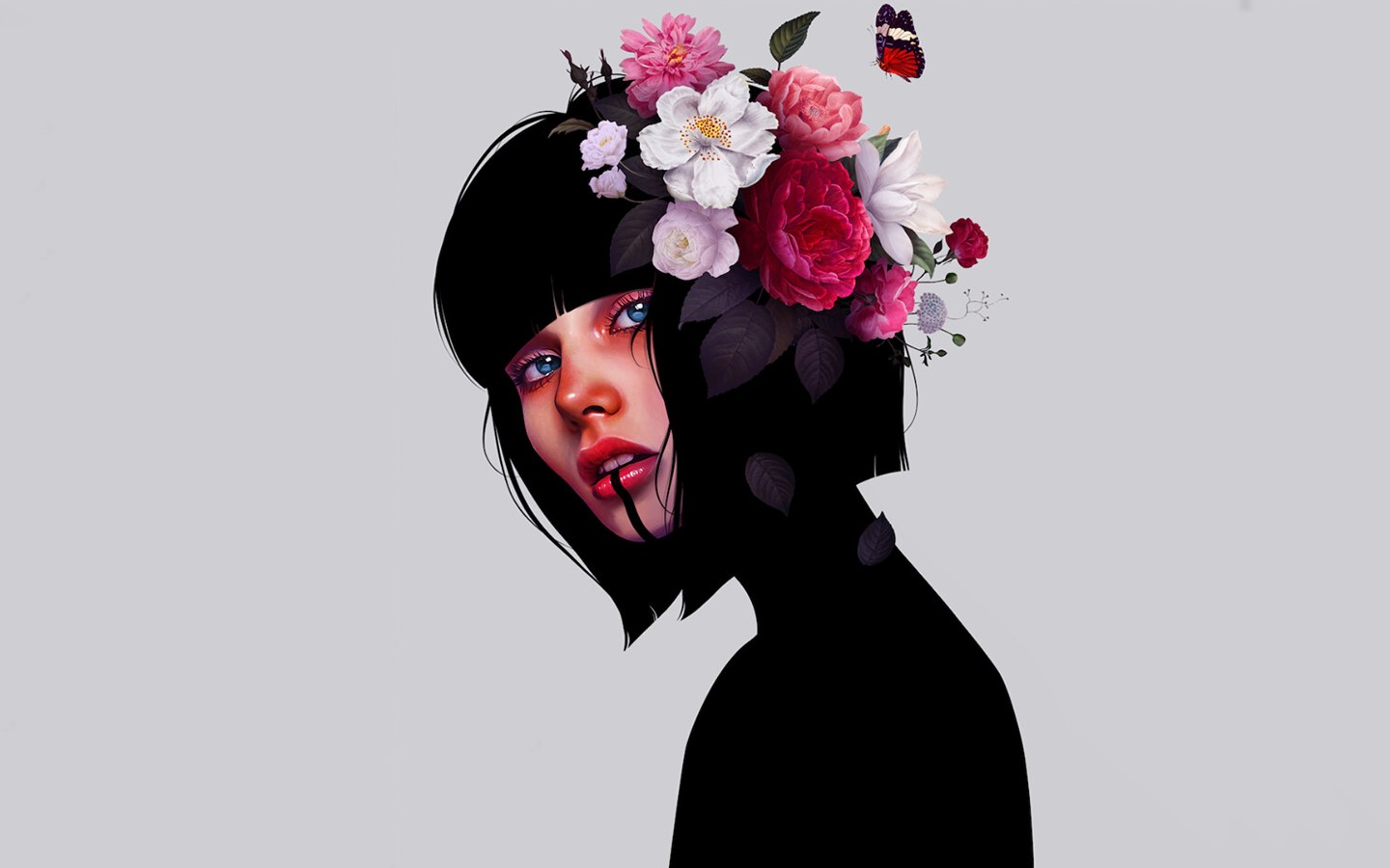 artwork, flowers, portrait, HD Wallpaper