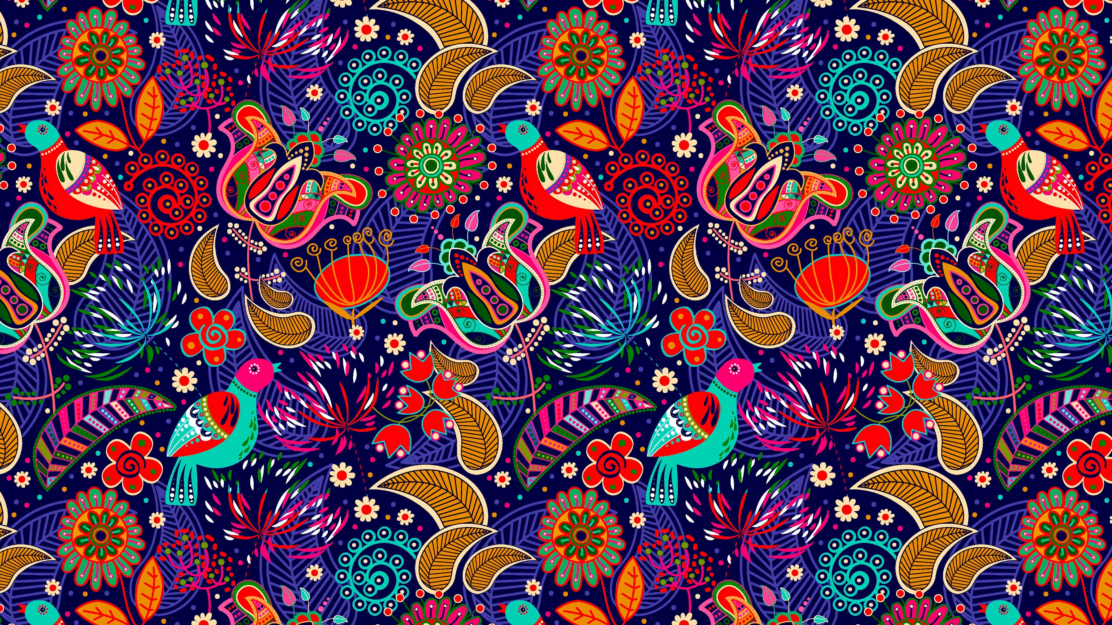 pattern, colorful, folklore, motley, bright, flowers, birds, 4k, HD Wallpaper
