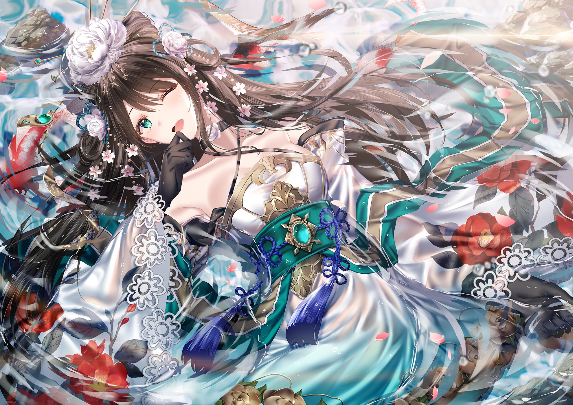 houchi shoujo, black hair, wink, Japanese clothes, water, anime, HD Wallpaper