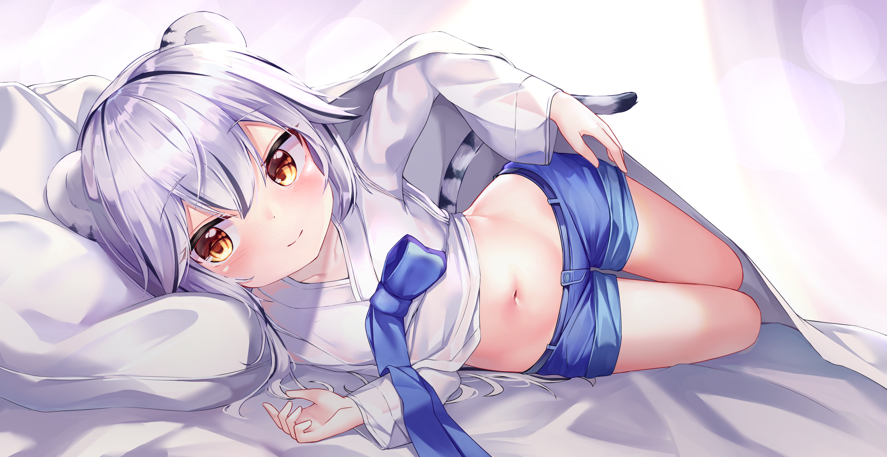 rangyi, tail, shorts, loli, yellow eyes, gray hair, belly, blush, animal ears, anime, HD Wallpaper