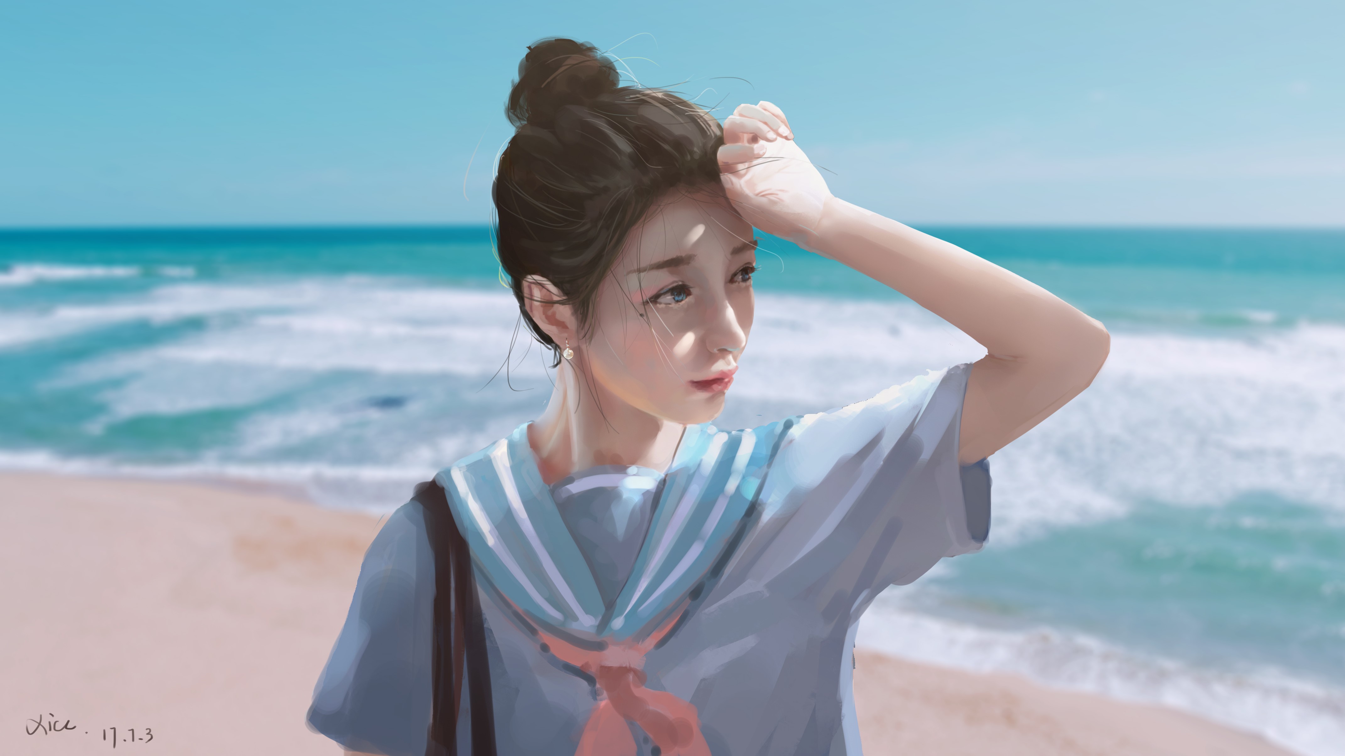 sky, JK, anime girls, anime, dark hair, beach, outdoors, sea, face, HD Wallpaper