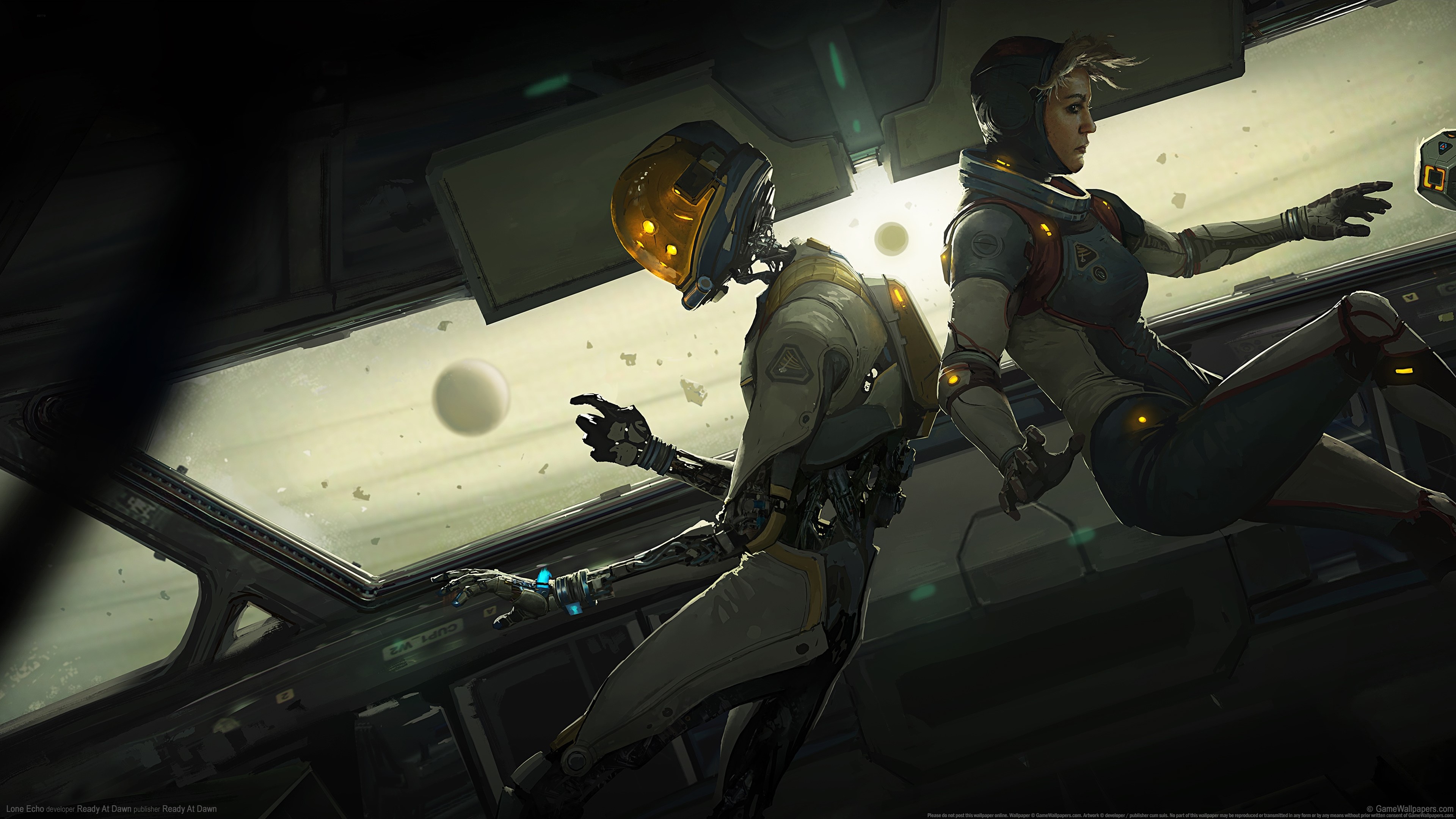 sky, space suit, spaceship, robot, blonde, HD Wallpaper
