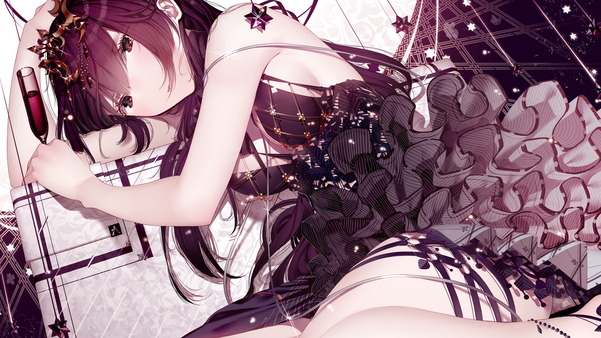 long hair, crown, drink, dress, anime, HD Wallpaper