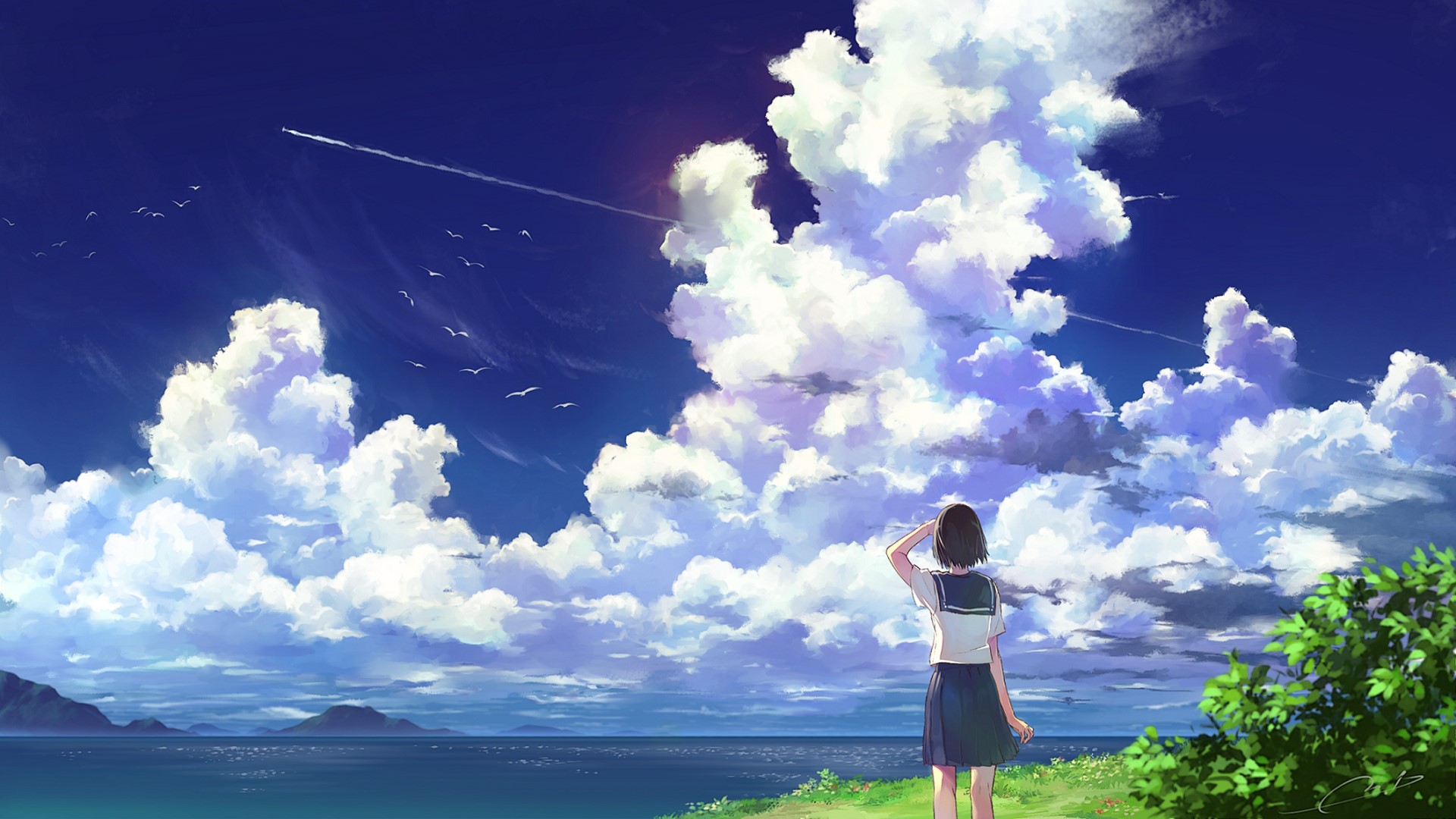 sky, clouds, water, birds, school uniform, short hair, HD Wallpaper