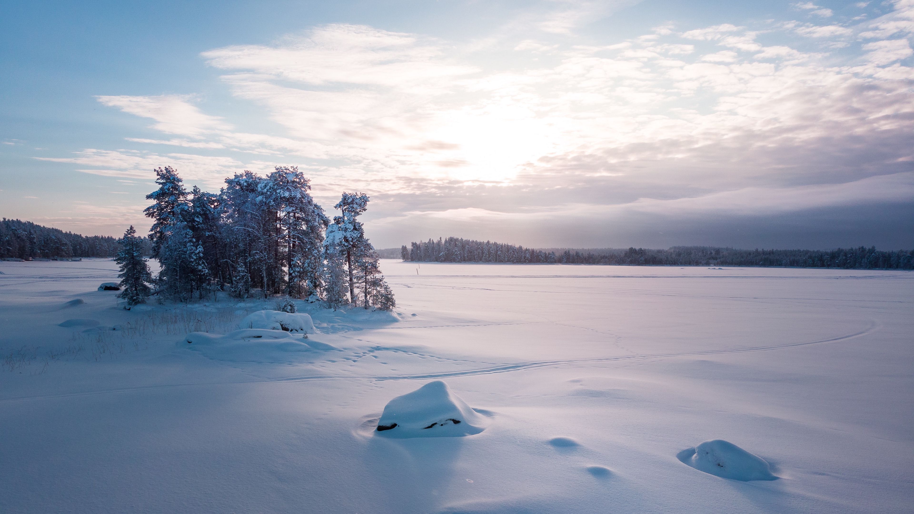 trees, landscape, snow, winter, glade, 4k, HD Wallpaper