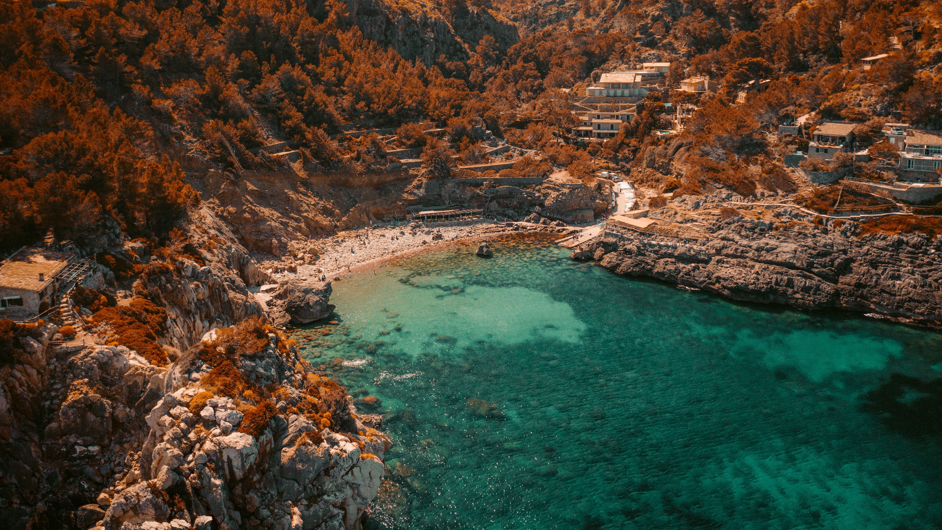 sea, rocks, aerial view, coast, beach, bay, 4k, HD Wallpaper
