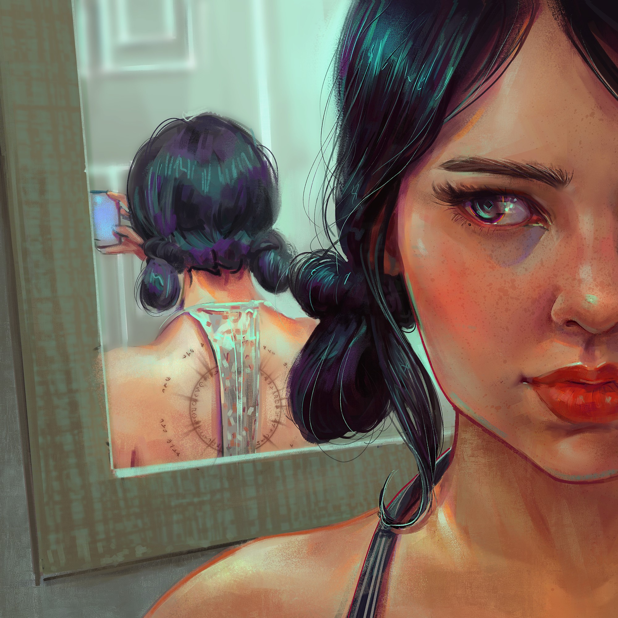 artwork, women, women indoors, face, mirror, reflection, ArtStation, HD Wallpaper