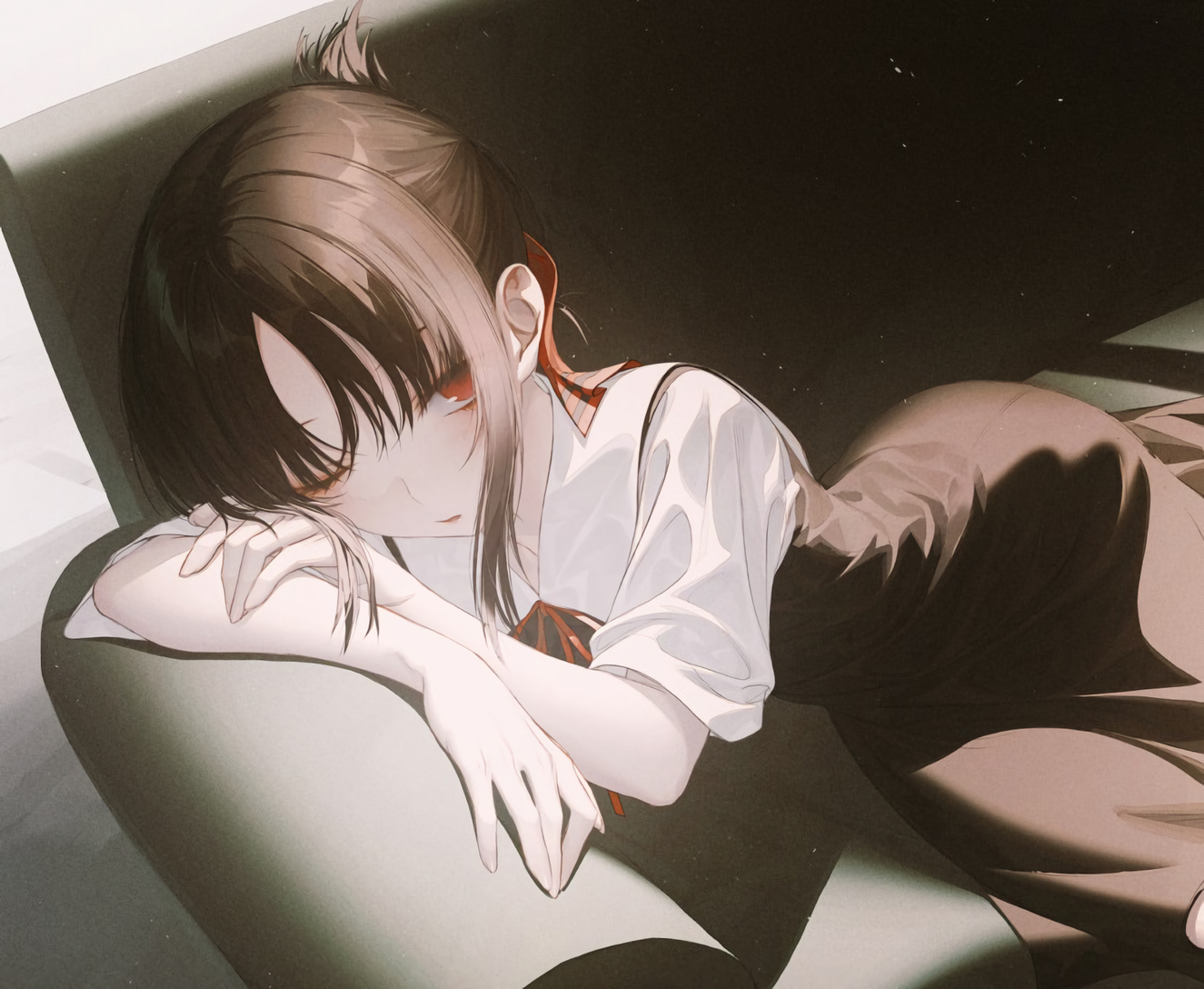 Kaguya Shinomiya, black hair, red eyes, wink, school uniform, couch, short hair, Kaguya-Sama: Love is War, HD Wallpaper