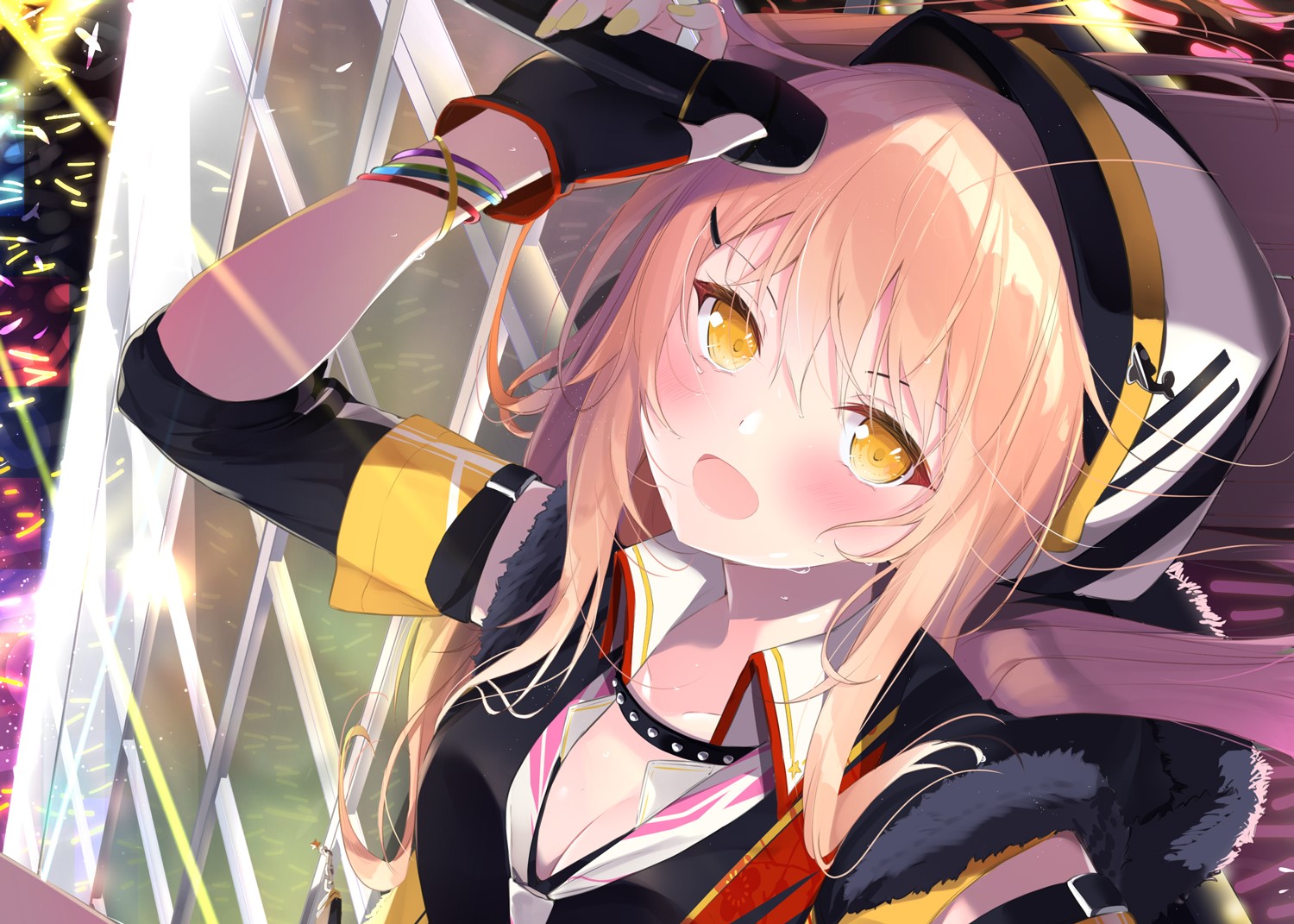 blonde, blush, yellow eyes, open mouth, hat, gloves, HD Wallpaper