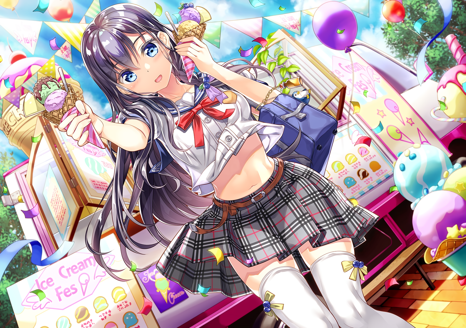 purple hair, blue eyes, long hair, ice cream, belly, school uniform, braids, clouds, food, thighs, HD Wallpaper
