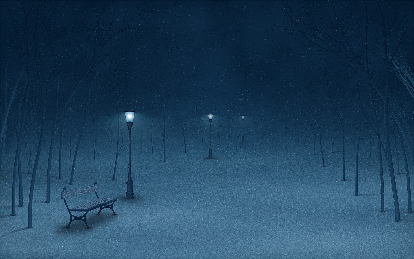 snow, road, dark, blue, lights, drawing, HD Wallpaper