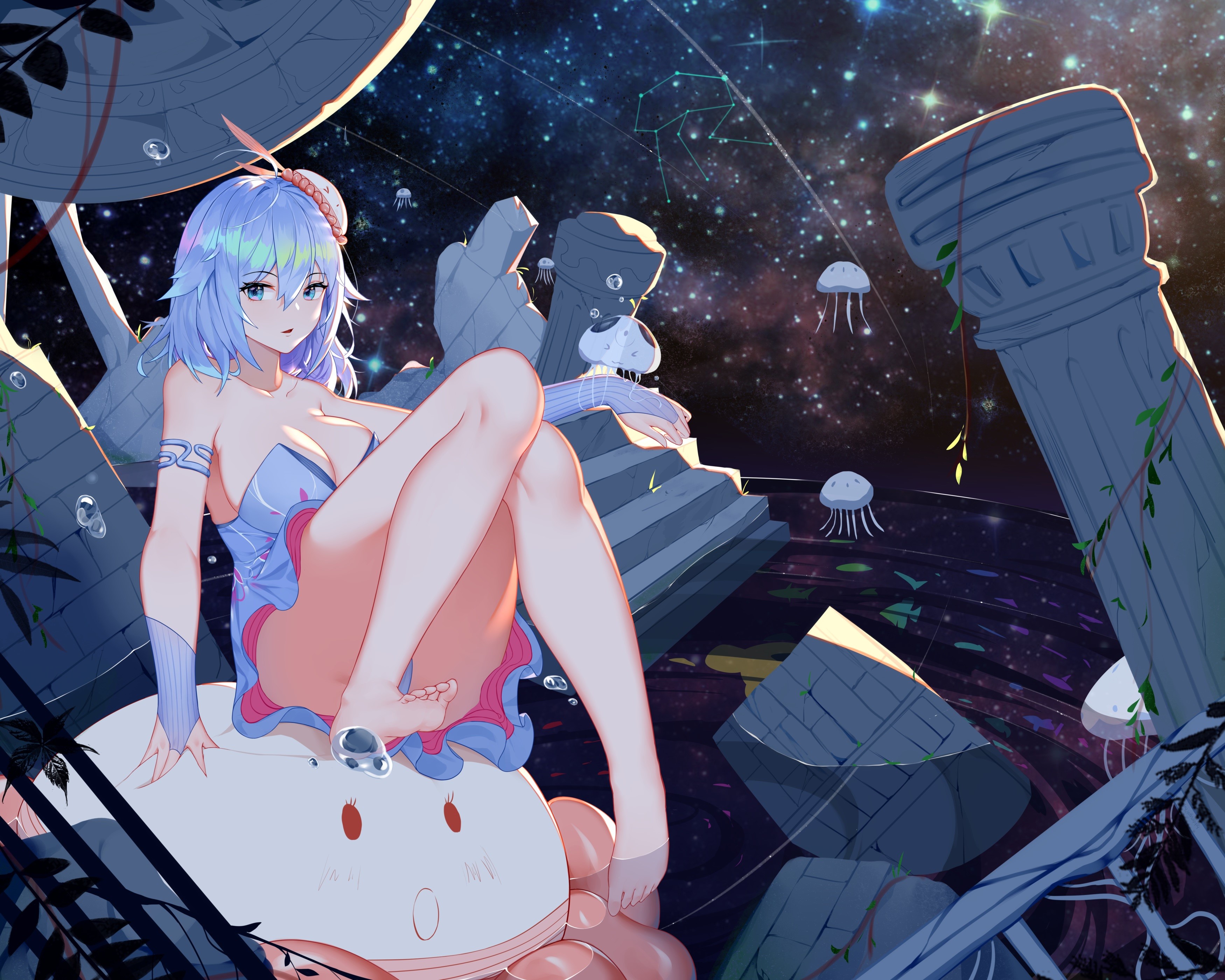 Vocaloid, aqua eyes, thighs, aqua hair, dress, barefoot, cleavage, water, haiyi, Atdan, anime, HD Wallpaper