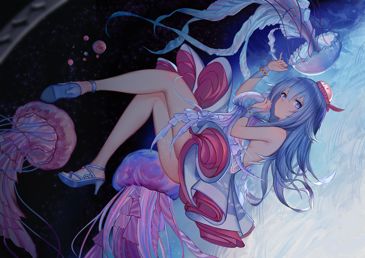 Vocaloid, blue hair, thighs, dress, aqua eyes, long hair, underwater, haiyi, Atdan, anime, HD Wallpaper