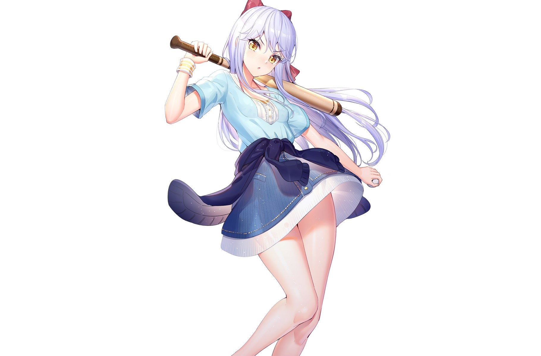 white, baseball, blue hair, thighs, wristwear, bow, long hair, skirt, anime, HD Wallpaper