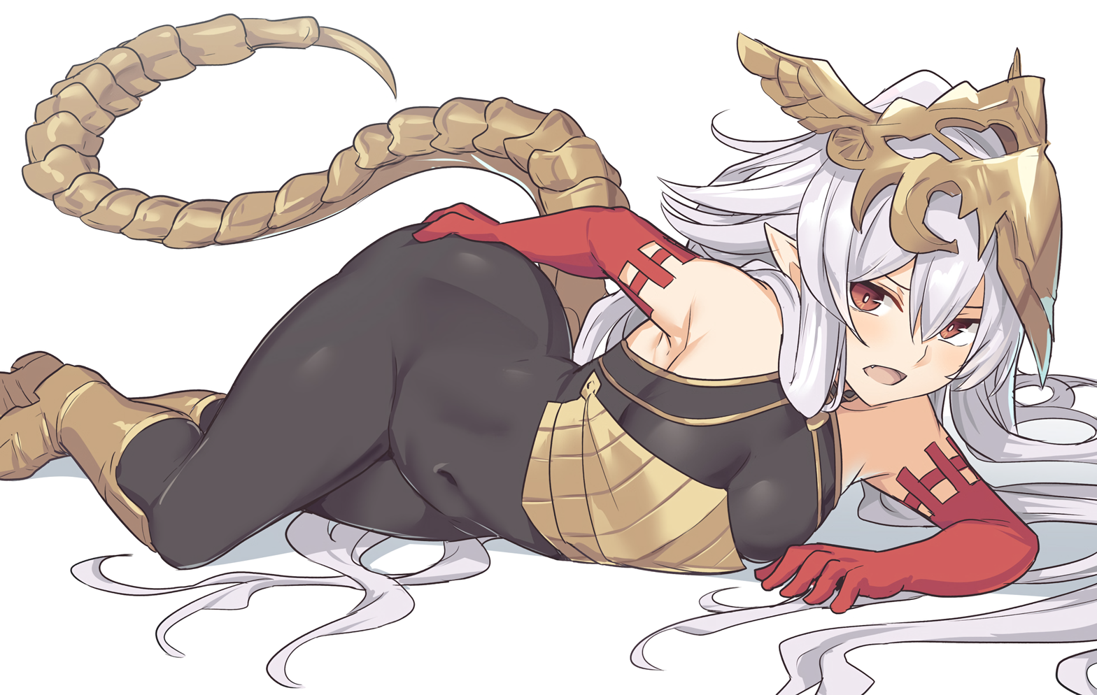 tail, red eyes, pointed ears, gray hair, long hair, artwork, anime, Granblue Fantasy, HD Wallpaper