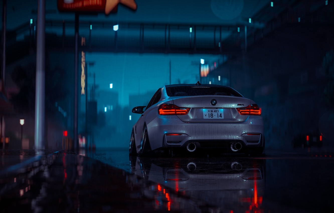 night, urban, BMW, silver, blue, red, HD Wallpaper