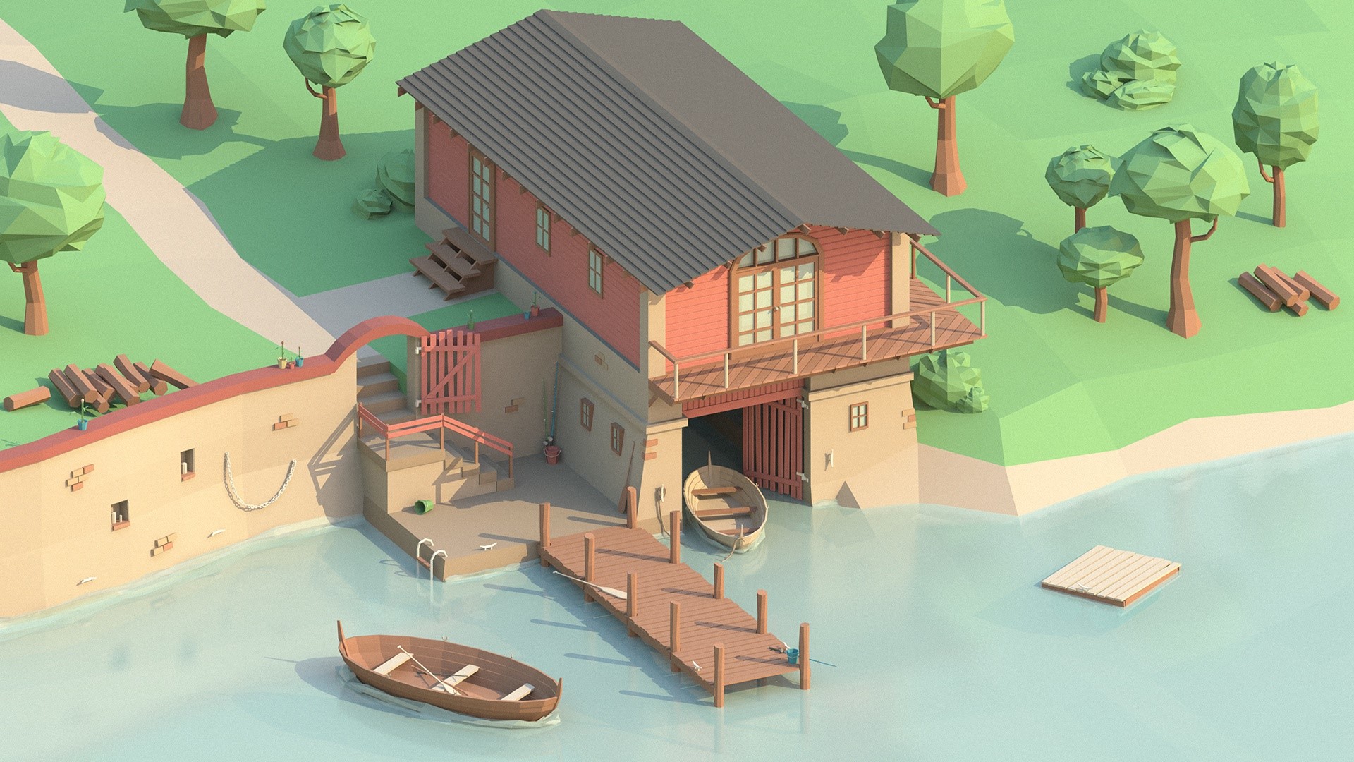 low poly, house, water, boat, digital art, HD Wallpaper