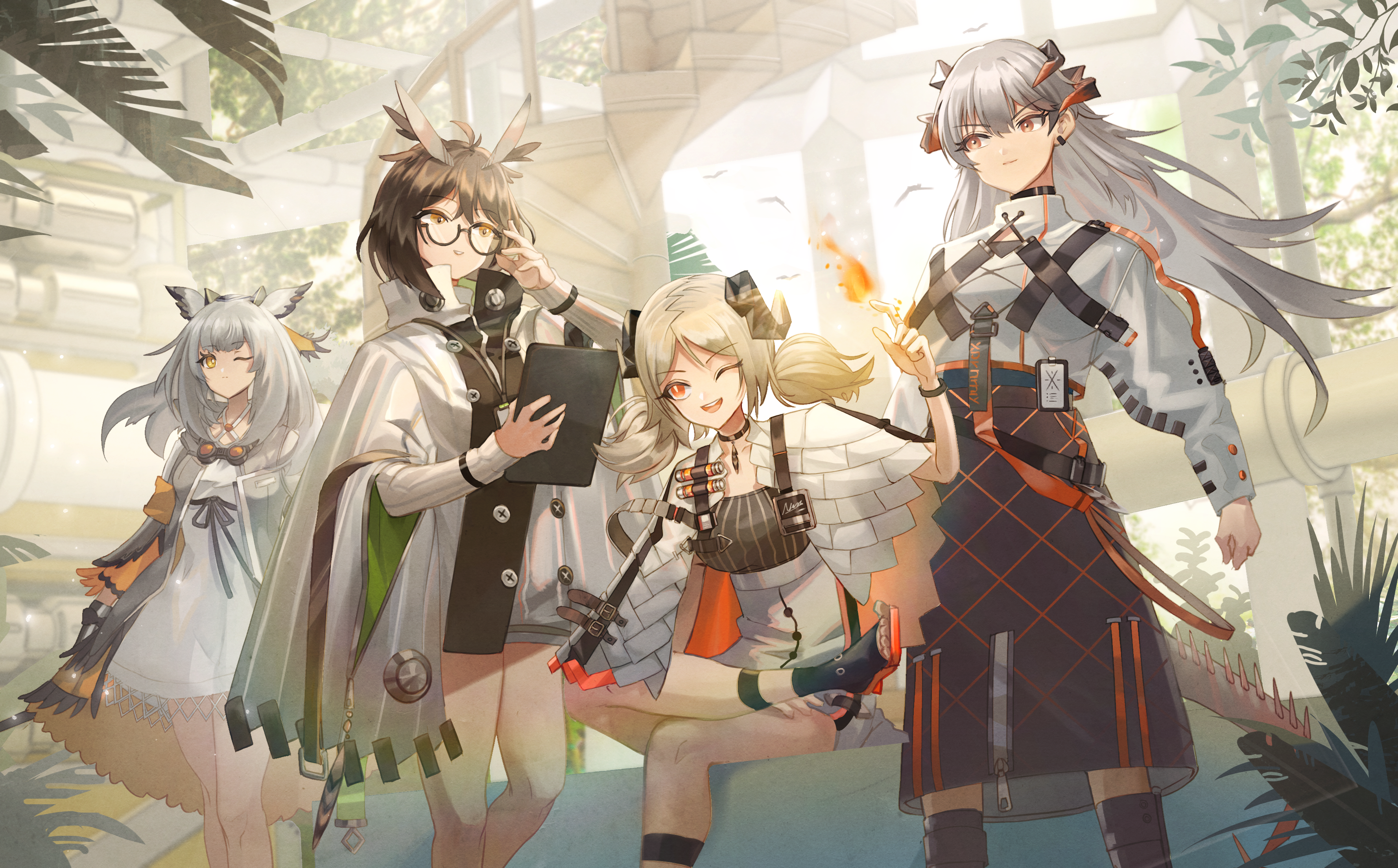 anime, anime girls, digital art, artwork, 2D, portrait, Arknights, saria (arknights), Ptilopsis(Arknights), Ifrit(Arknights), Silence(Arknights), HD Wallpaper