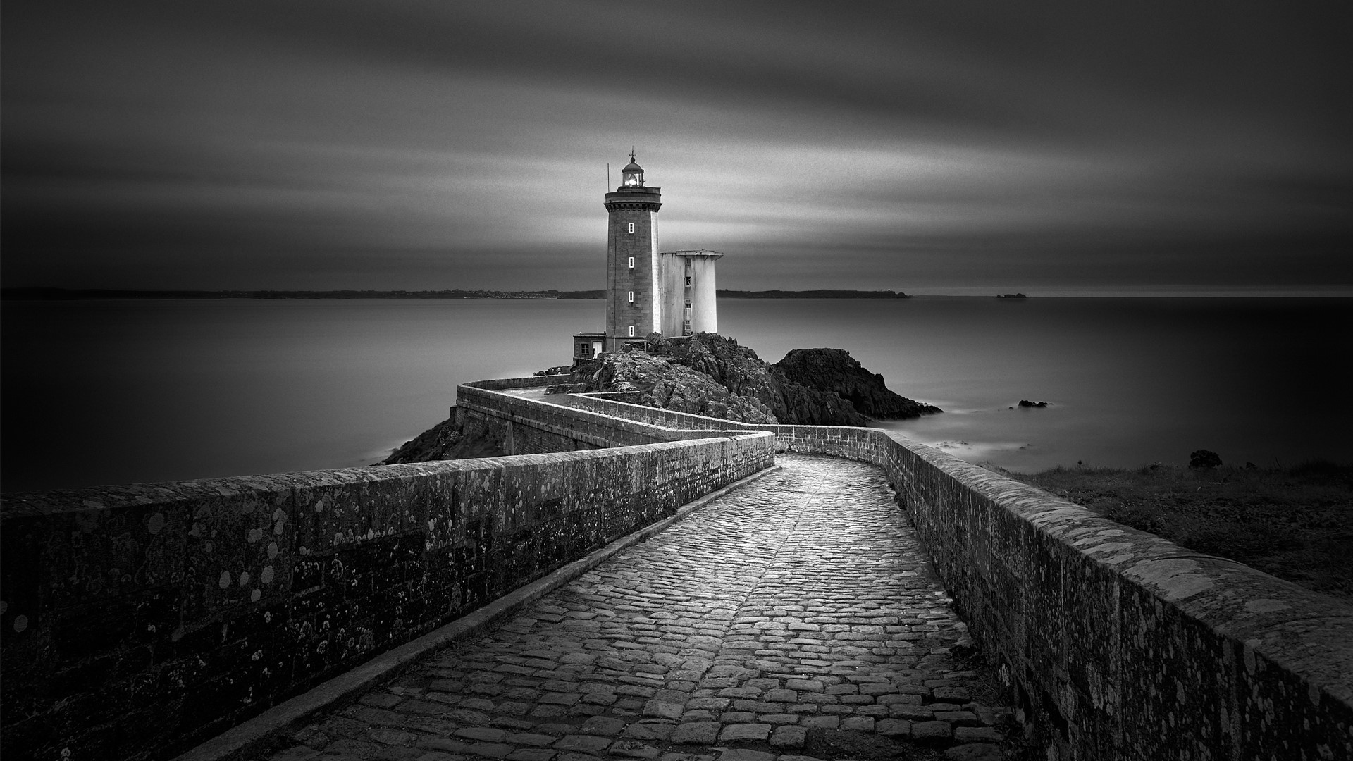 landscape, island, monochrome, bridge, tower, lighthouse, horizon, sea, HD Wallpaper