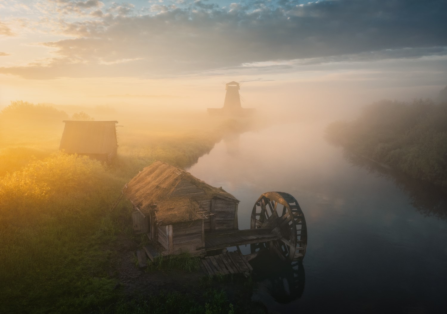 Ilya Melikhov, landscape, mist, tower, hay, mill, wheels, river, clouds, HD Wallpaper