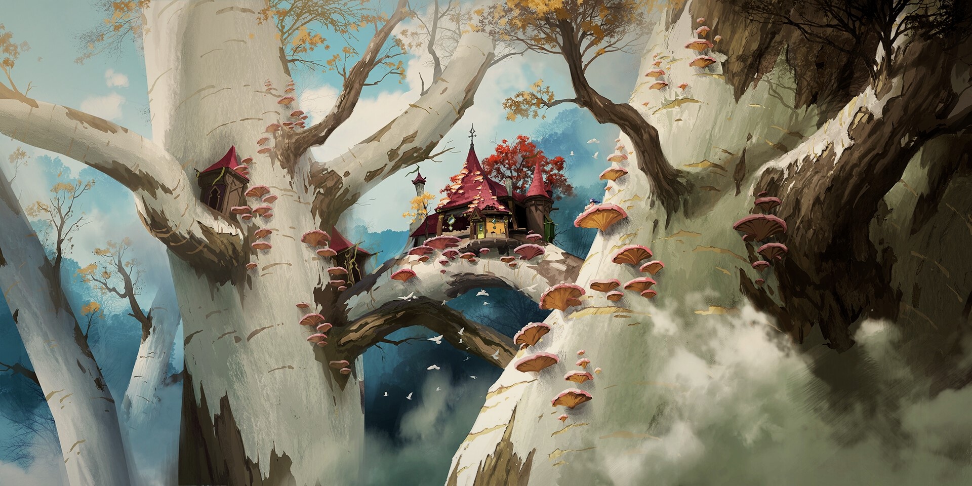 Avant Choi, digital, mushroom, trees, HD Wallpaper