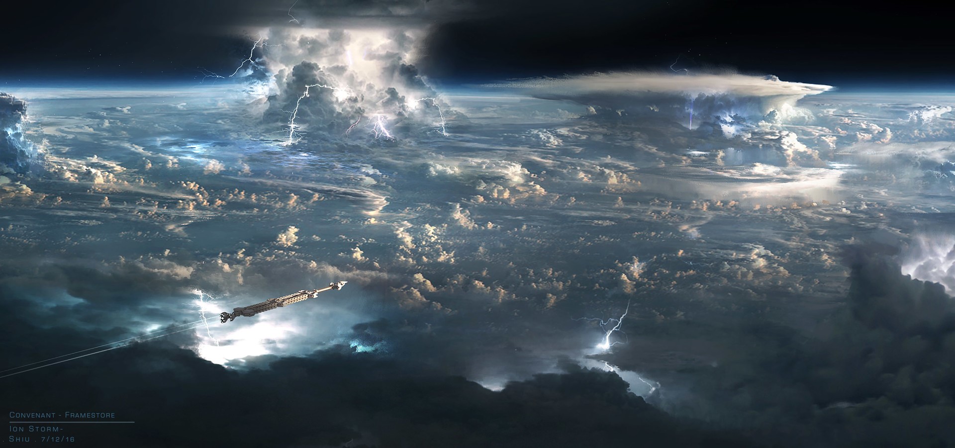 digital art, fantasy art, spaceship, clouds, storm, lightning, Emmanuel Shiu, space, Alien: Covenant, fan art, HD Wallpaper