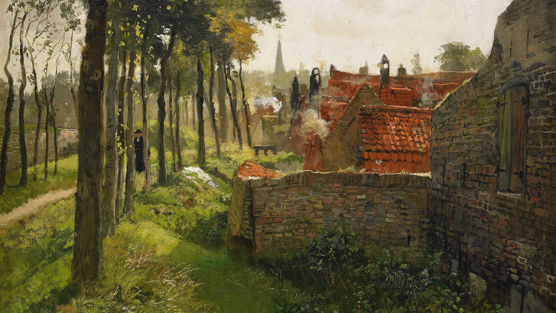 nature, landscape, building, old building, painting, classic art, Frits Thaulow, trees, house, priest, HD Wallpaper