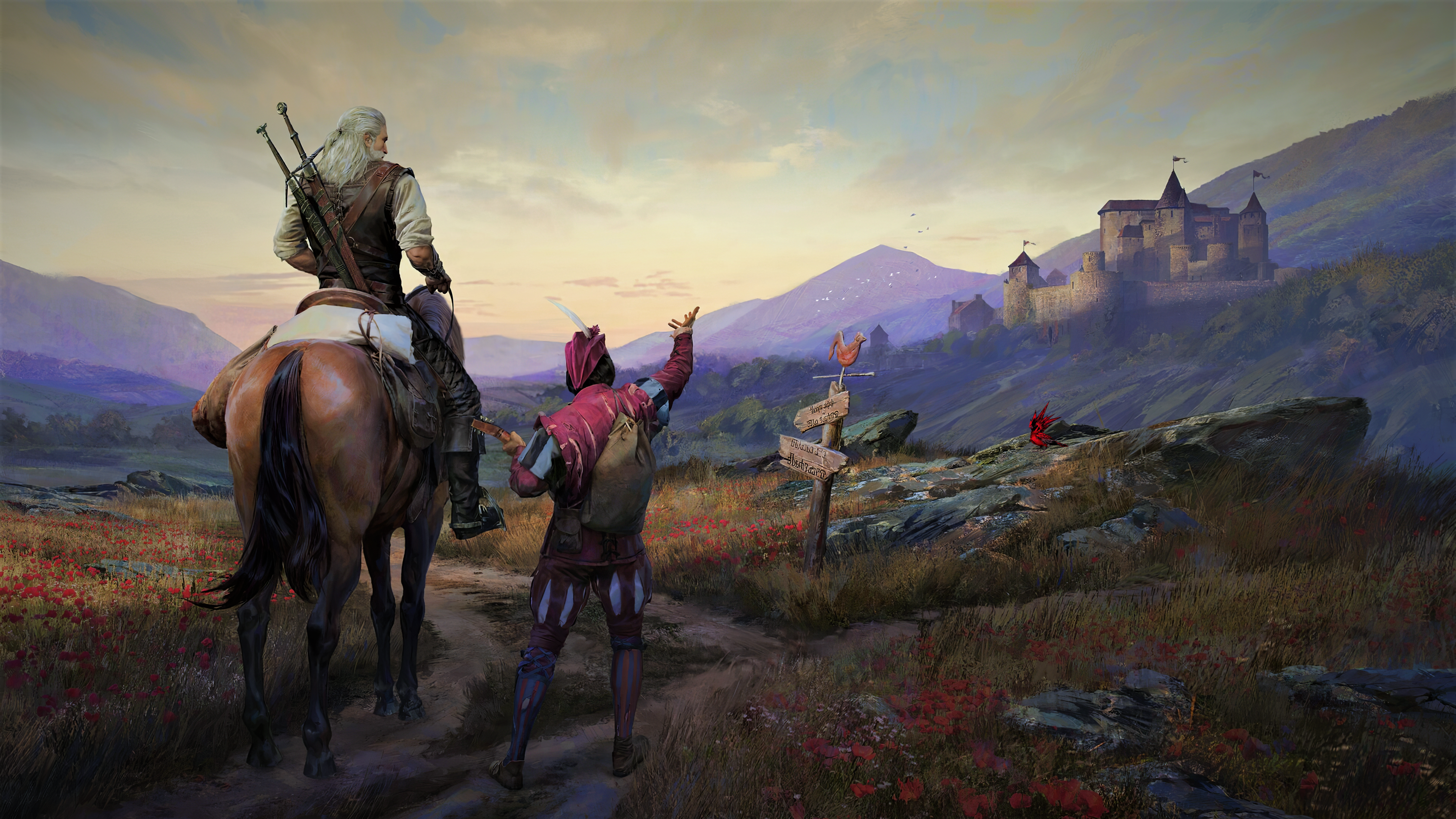 artwork, digital art, video game art, video games, The Witcher, beard, The Witcher 3: Wild Hunt, Gwent, Cardinals, CD Projekt RED, castle, horse, bard, Jaskier, Geralt of Rivia, landscape, Dandelion (character), poppies, road sign, Wind Compass, HD Wallpaper