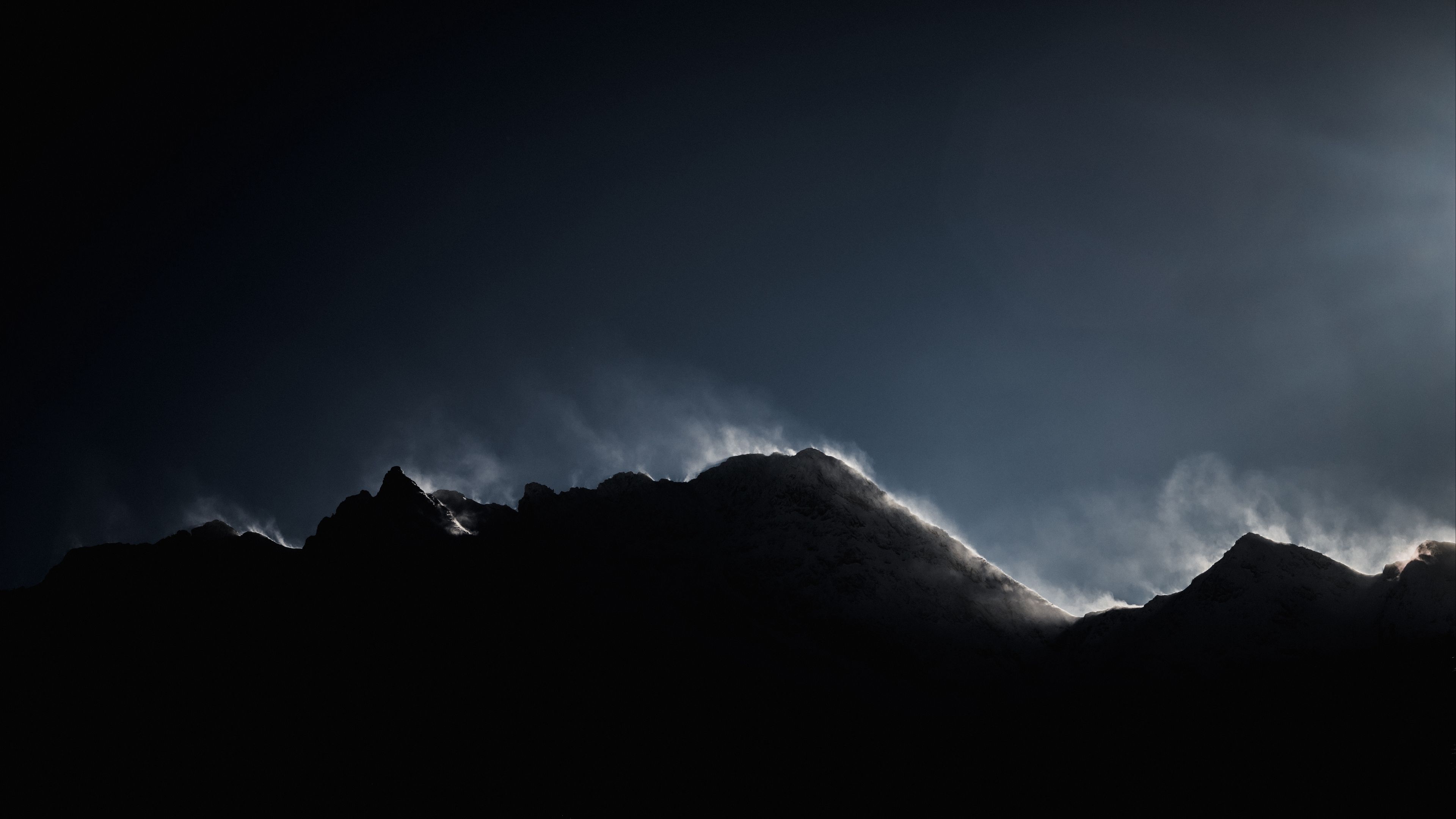 mountains, peak, fog, enveloping, dark, shadow, 4k, HD Wallpaper