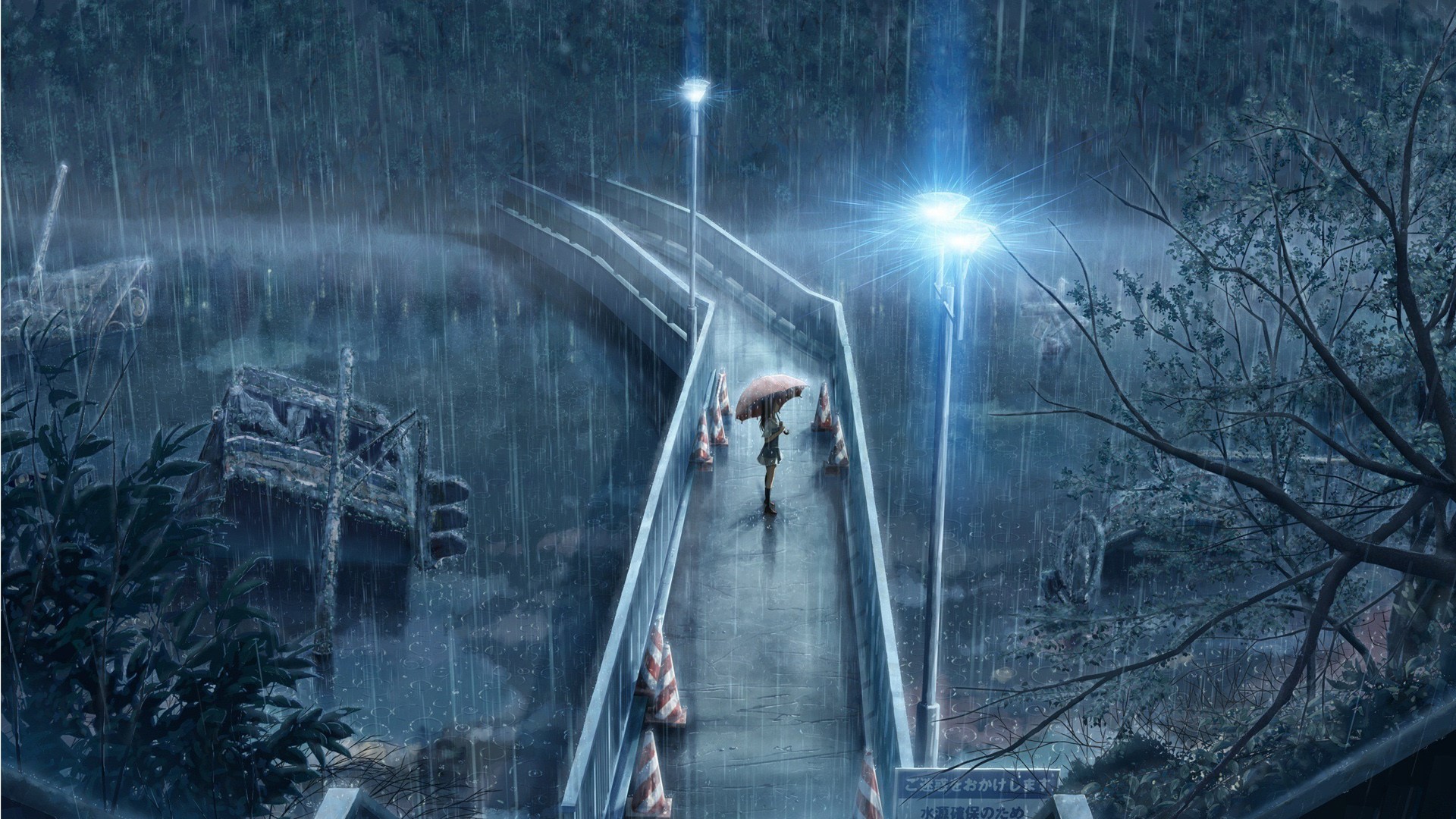 anime, outdoors, anime girls, night, rain, HD Wallpaper