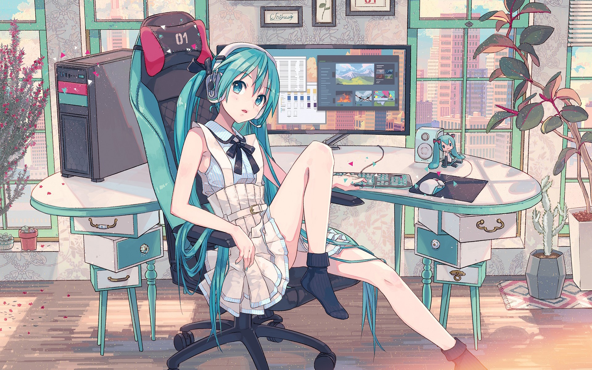 anime, anime girls, women indoors, Hatsune Miku, green hair, legs, computer, Vocaloid, HD Wallpaper
