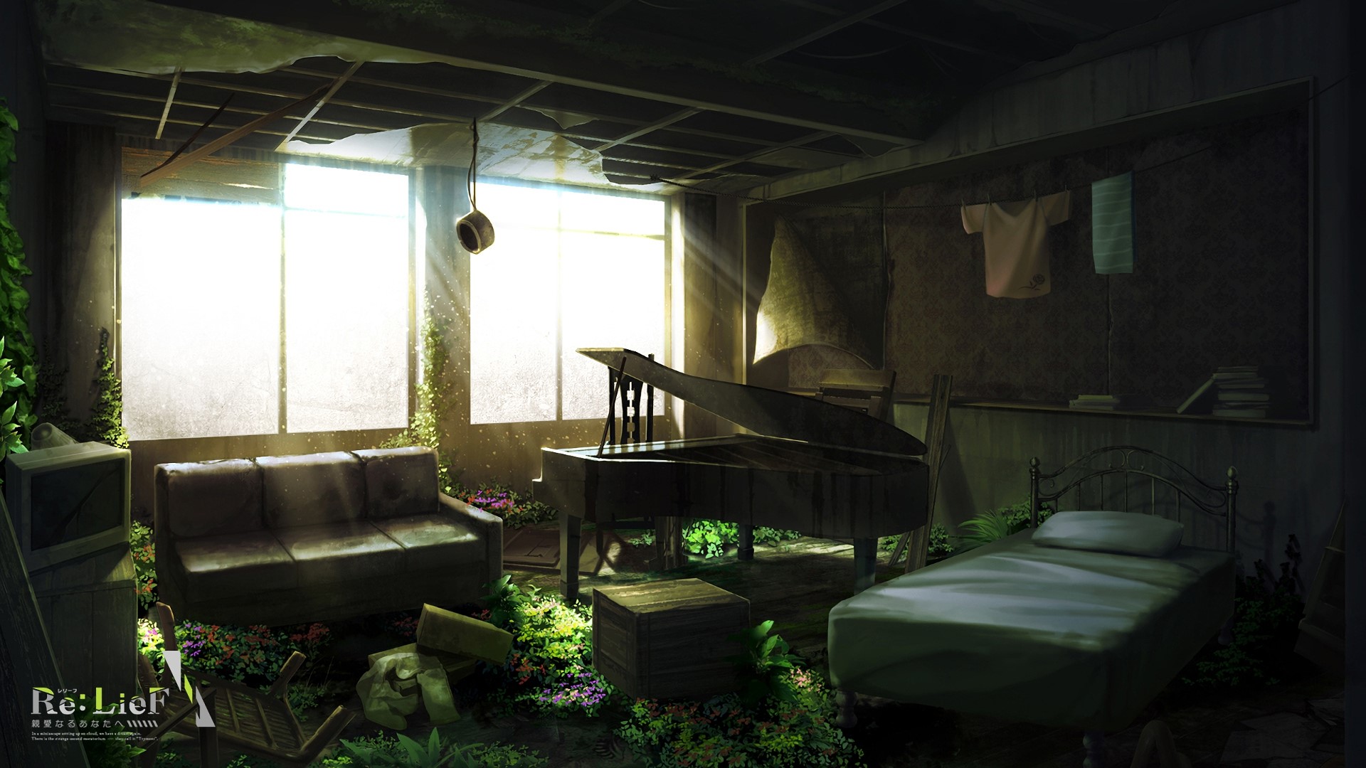 anime, indoors, piano, plants, HD Wallpaper