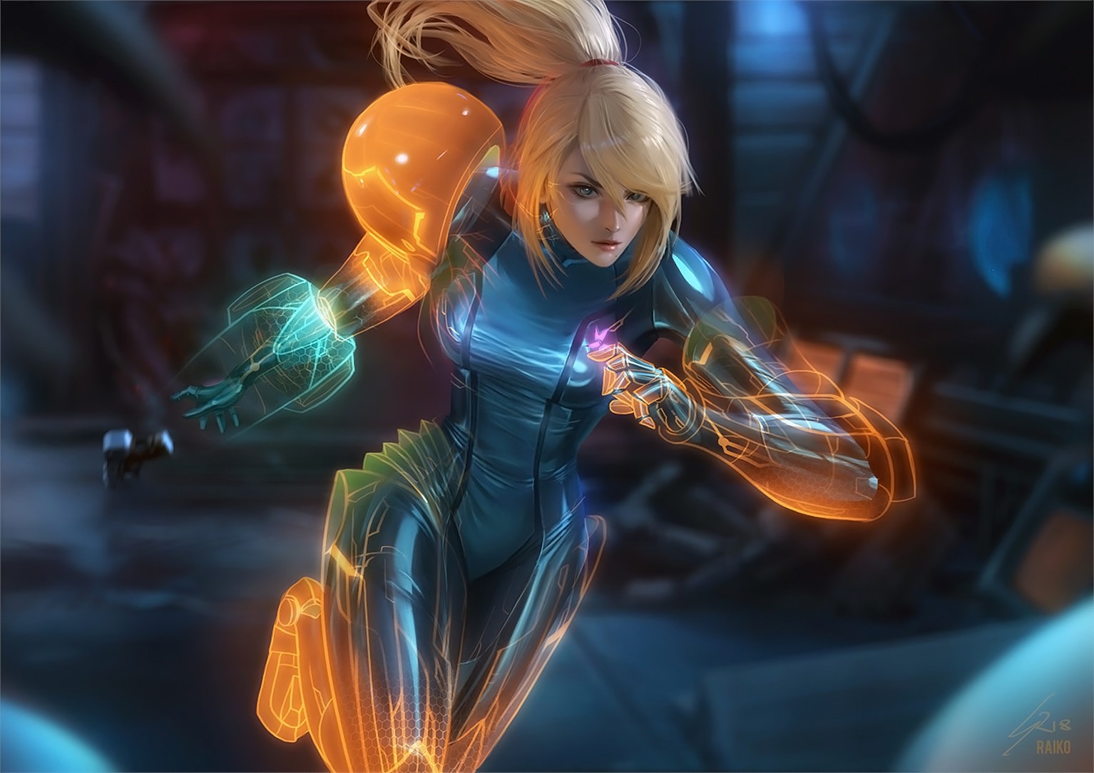 Sean Tay, drawing, Metroid, Samus Aran, blonde, long hair, ponytail, armor, glowing, bodysuit, blue clothing, HD Wallpaper