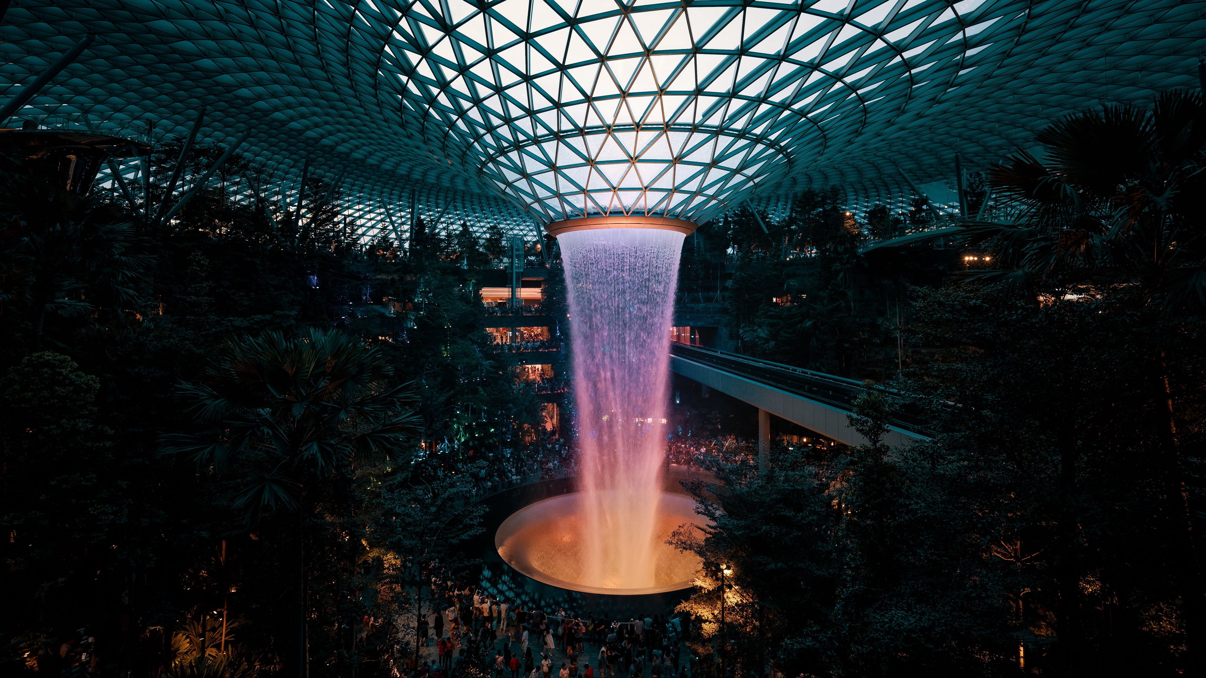 fountain, dome, architecture, modern, building, design, interior, 4k, HD Wallpaper