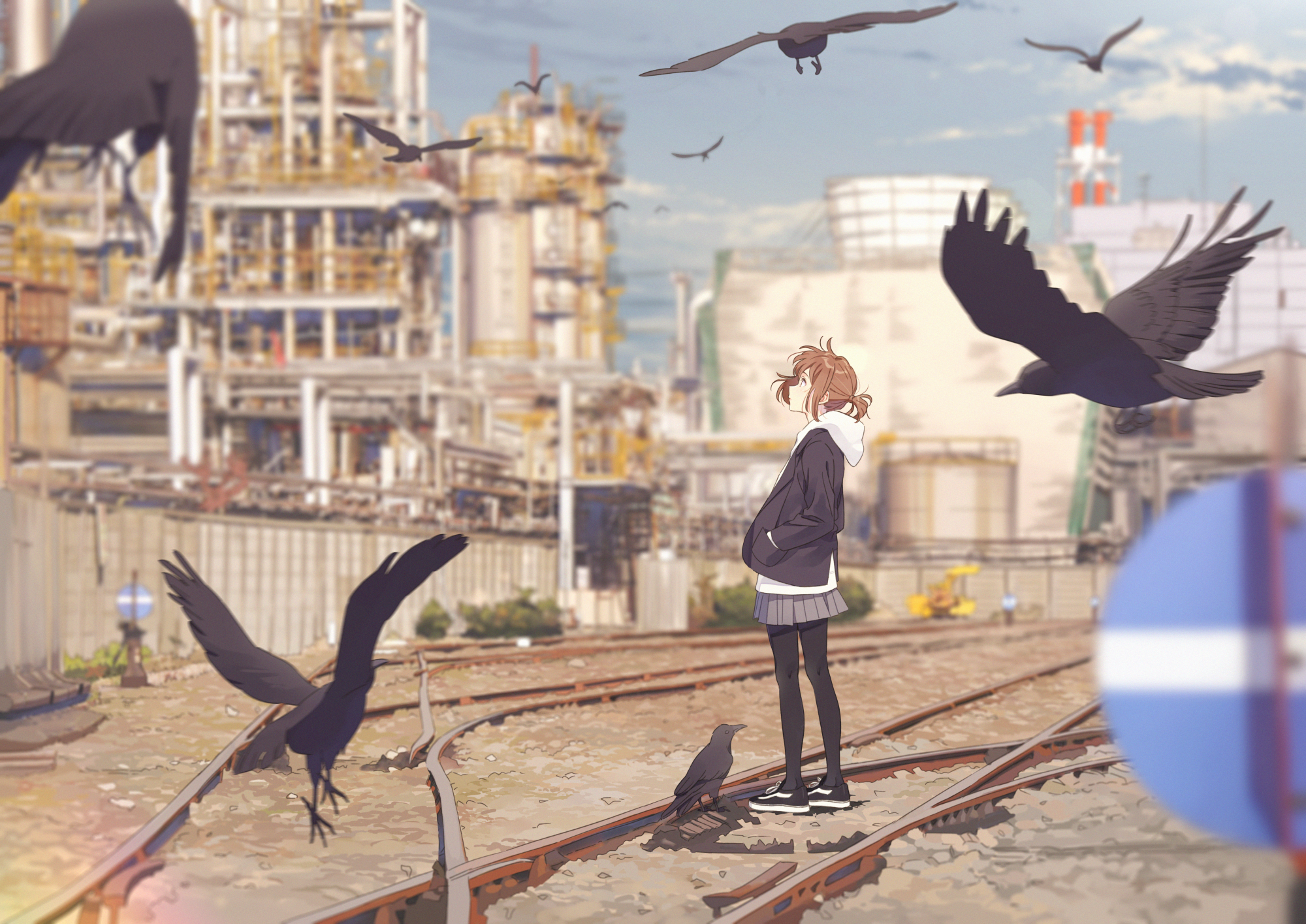 anime, artwork, sky, rail, crow, HD Wallpaper