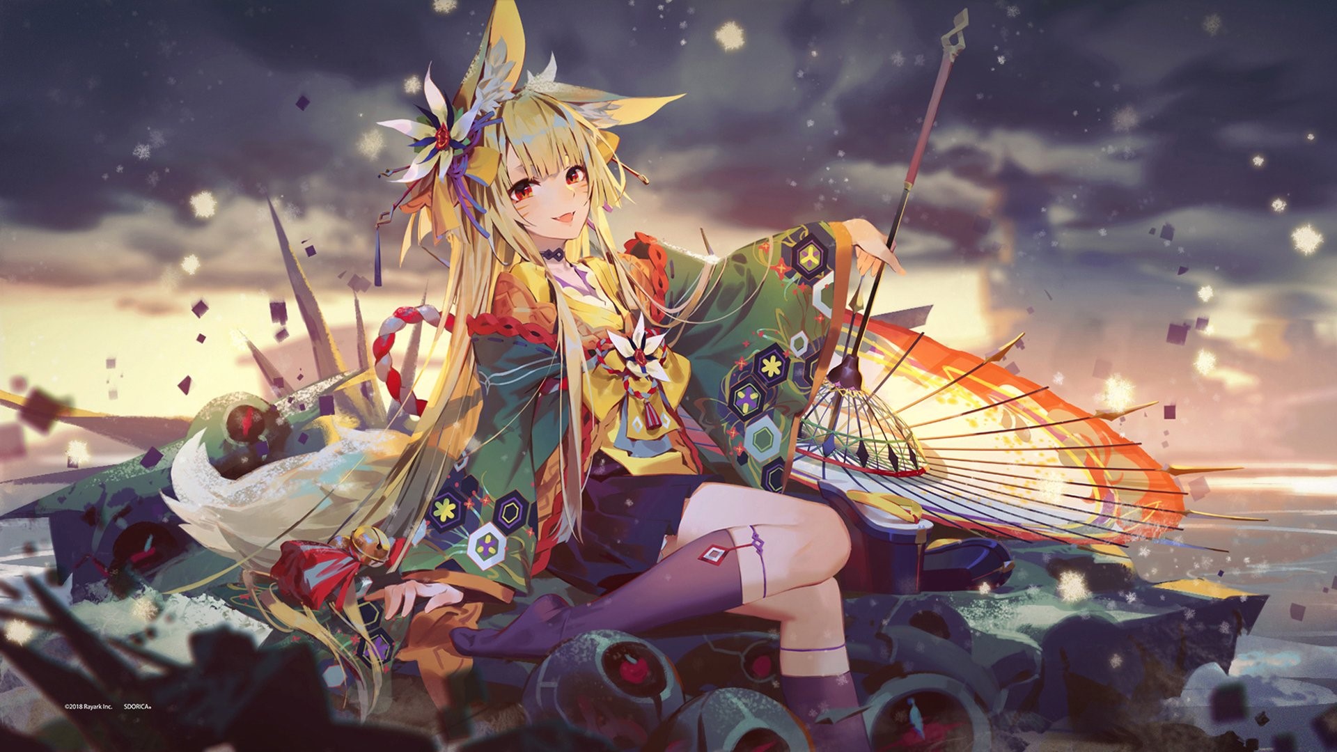 colorful, anime girls, anime, socks, red eyes, HD Wallpaper